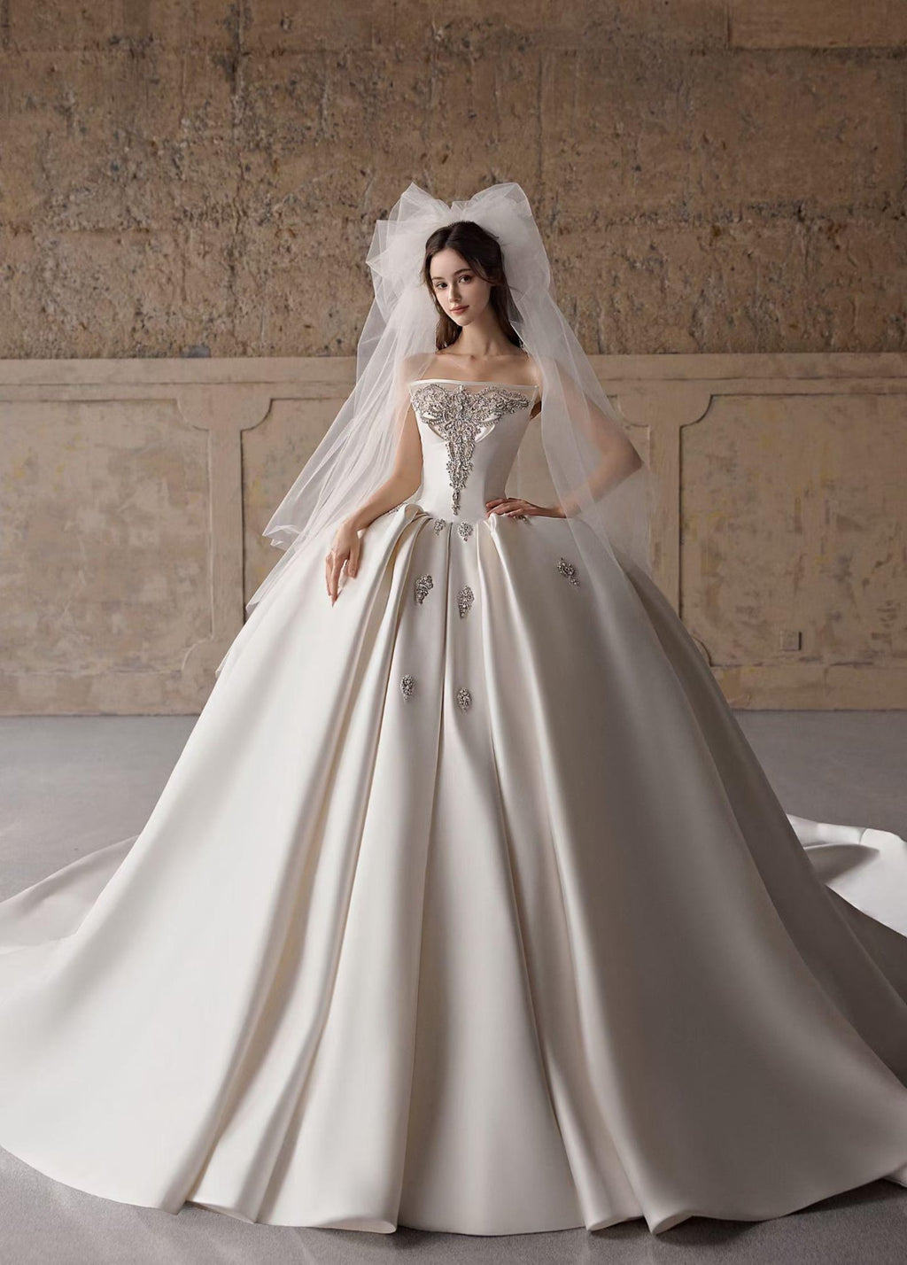 Strapless Satin Ballgown Wedding Gown, Luxury Rhinestone Embellished Ivory Bridal Dress, Long Train Princess Wedding Dress
