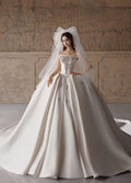 Strapless Satin Ballgown Wedding Gown, Luxury Rhinestone Embellished Ivory Bridal Dress, Long Train Princess Wedding Dress
