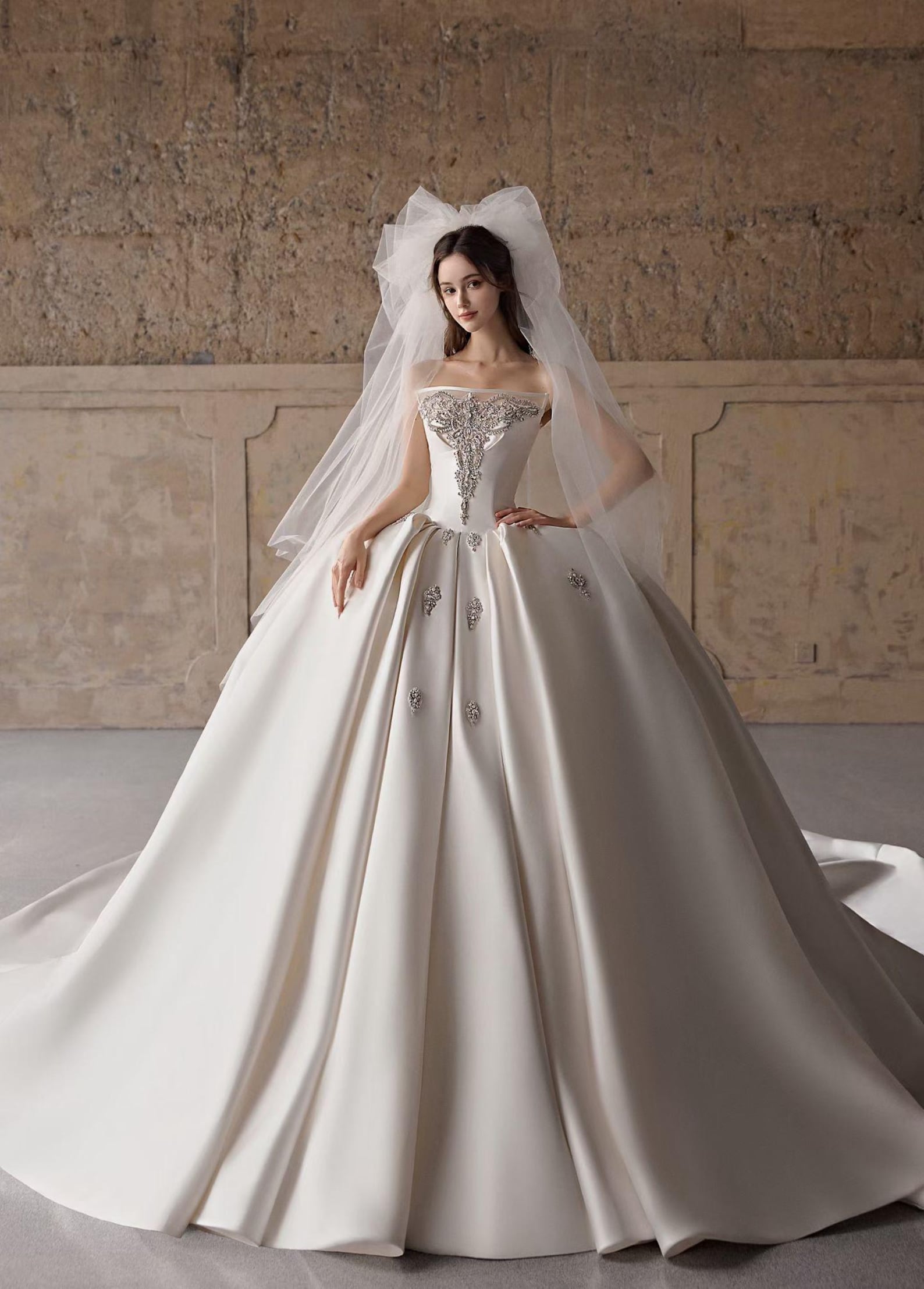 Strapless Satin Ballgown Wedding Gown, Luxury Rhinestone Embellished Ivory Bridal Dress, Long Train Princess Wedding Dress