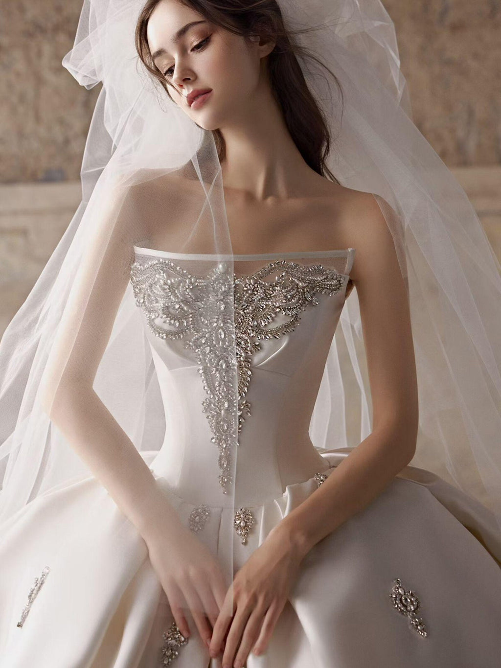 Strapless Satin Ballgown Wedding Gown, Luxury Rhinestone Embellished Ivory Bridal Dress, Long Train Princess Wedding Dress