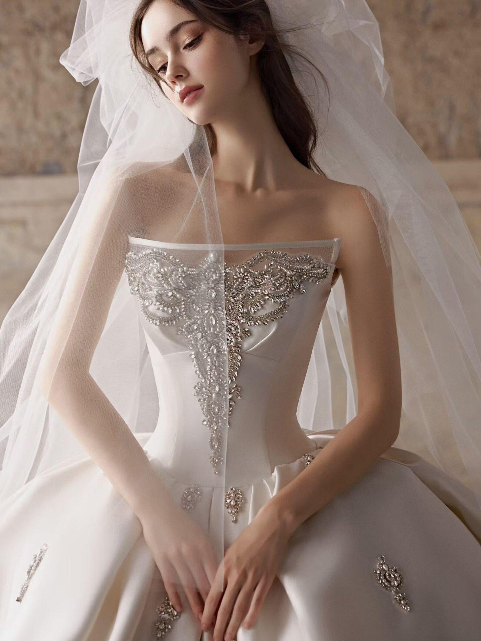 Strapless Satin Ballgown Wedding Gown, Luxury Rhinestone Embellished Ivory Bridal Dress, Long Train Princess Wedding Dress