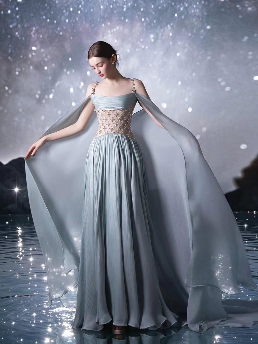 Dusty Blue Chiffon Evening Gown, Beaded Sheer Corset Formal Dress, Flowing Cape Sleeves Fairy Prom Gown