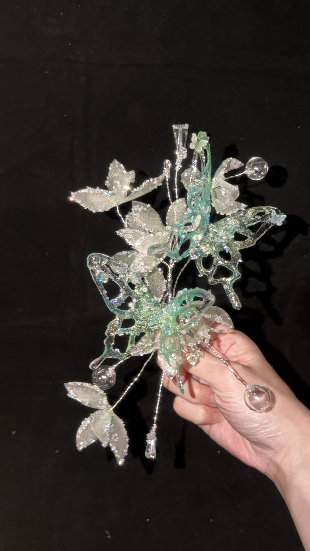 Light Green Butterfly Bridal Headband, Frosted Flower Crystal Wedding Headpiece, Fairy Floral Tiara for Bride