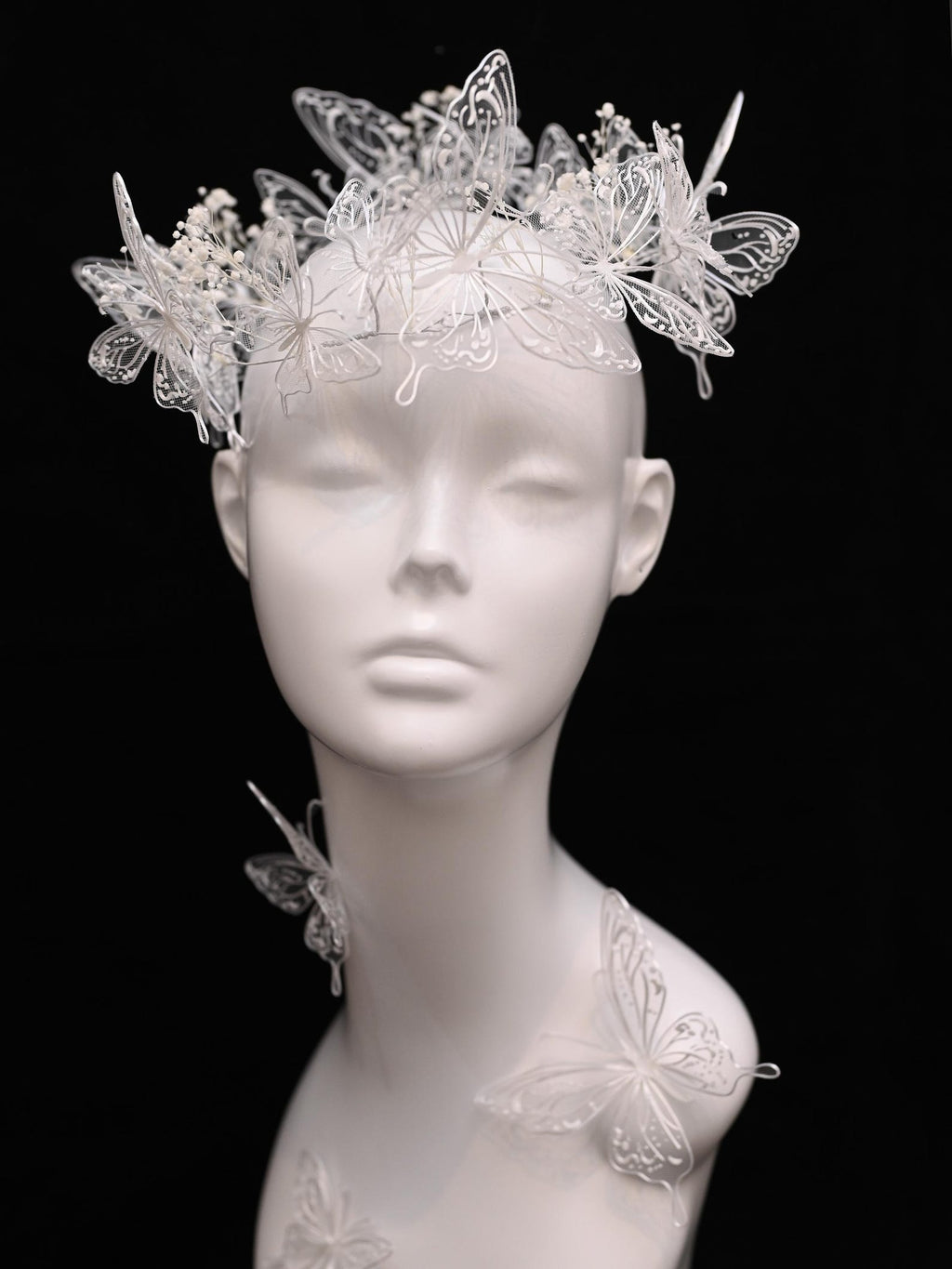 White Lace Butterfly Bridal Headband, Tulle Mesh Butterfly Wedding Headpiece, Fairy Babysbreath Floral Bride Crown