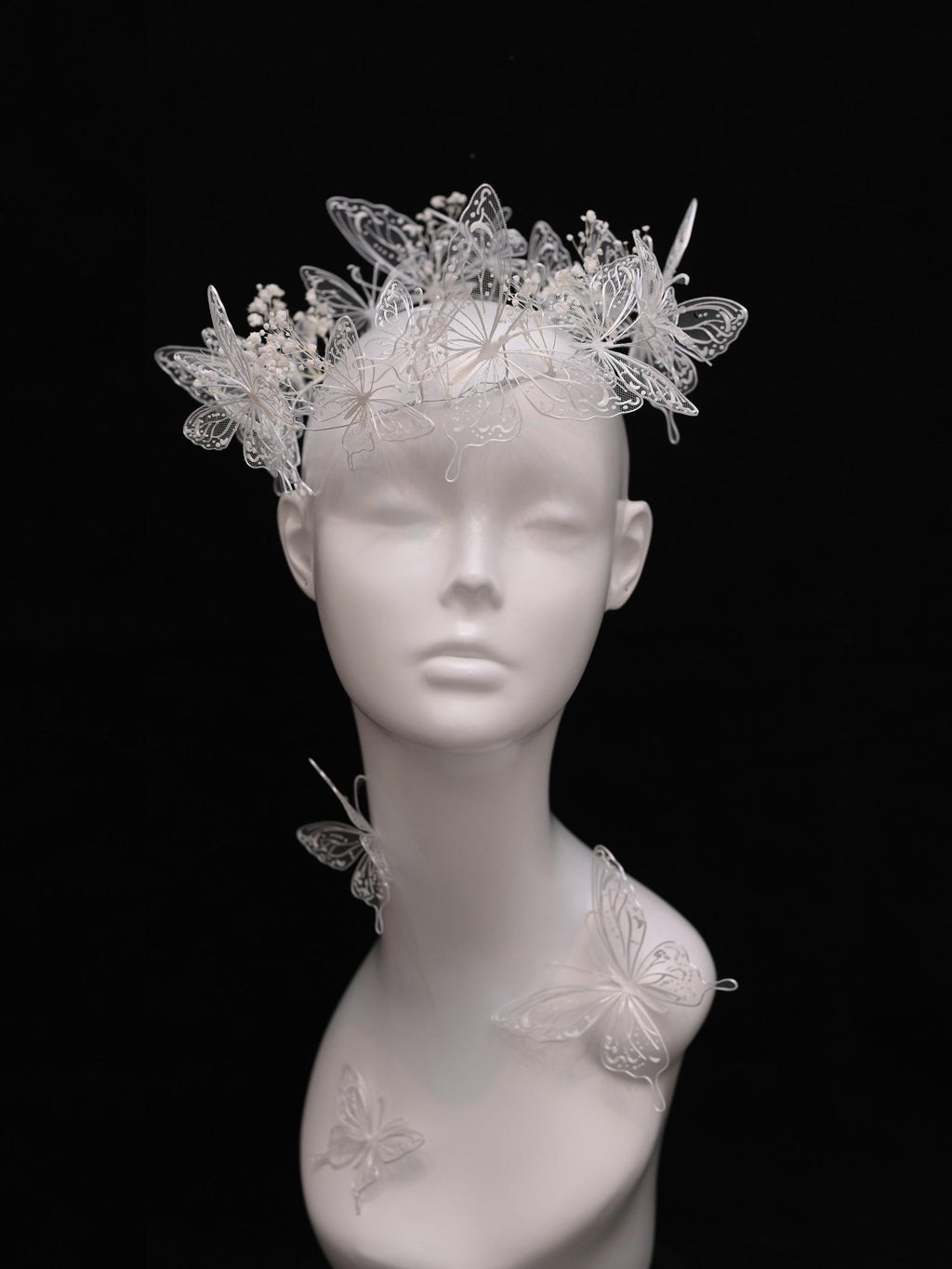 White Lace Butterfly Bridal Headband, Tulle Mesh Butterfly Wedding Headpiece, Fairy Babysbreath Floral Bride Crown