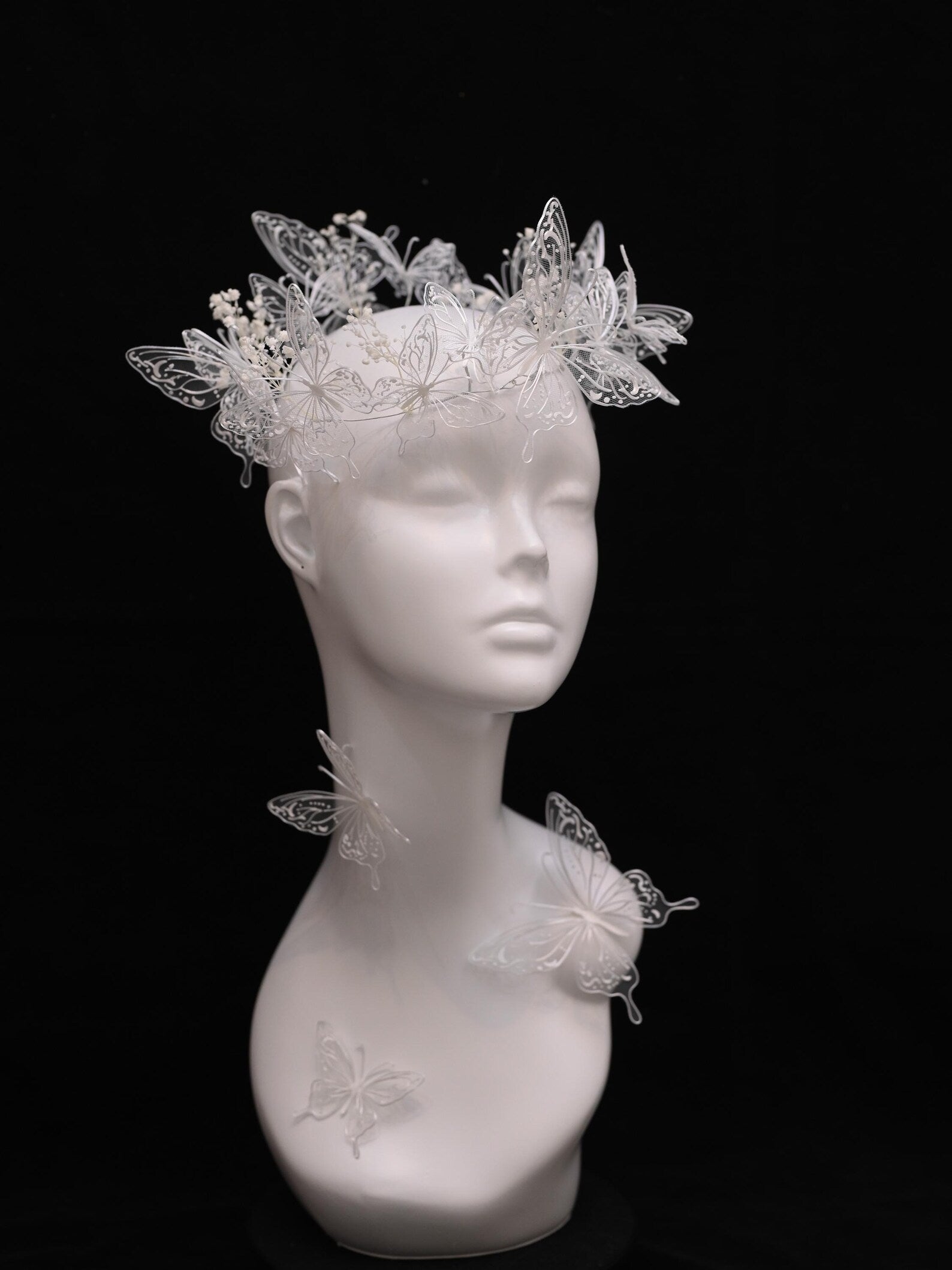 White Lace Butterfly Bridal Headband, Tulle Mesh Butterfly Wedding Headpiece, Fairy Babysbreath Floral Bride Crown