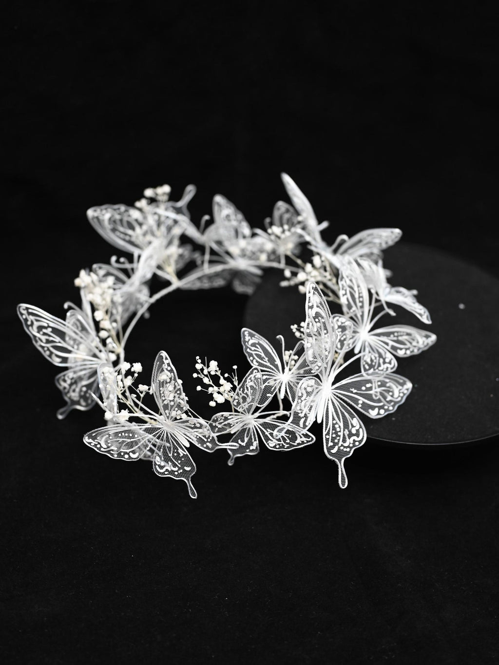 White Lace Butterfly Bridal Headband, Tulle Mesh Butterfly Wedding Headpiece, Fairy Babysbreath Floral Bride Crown