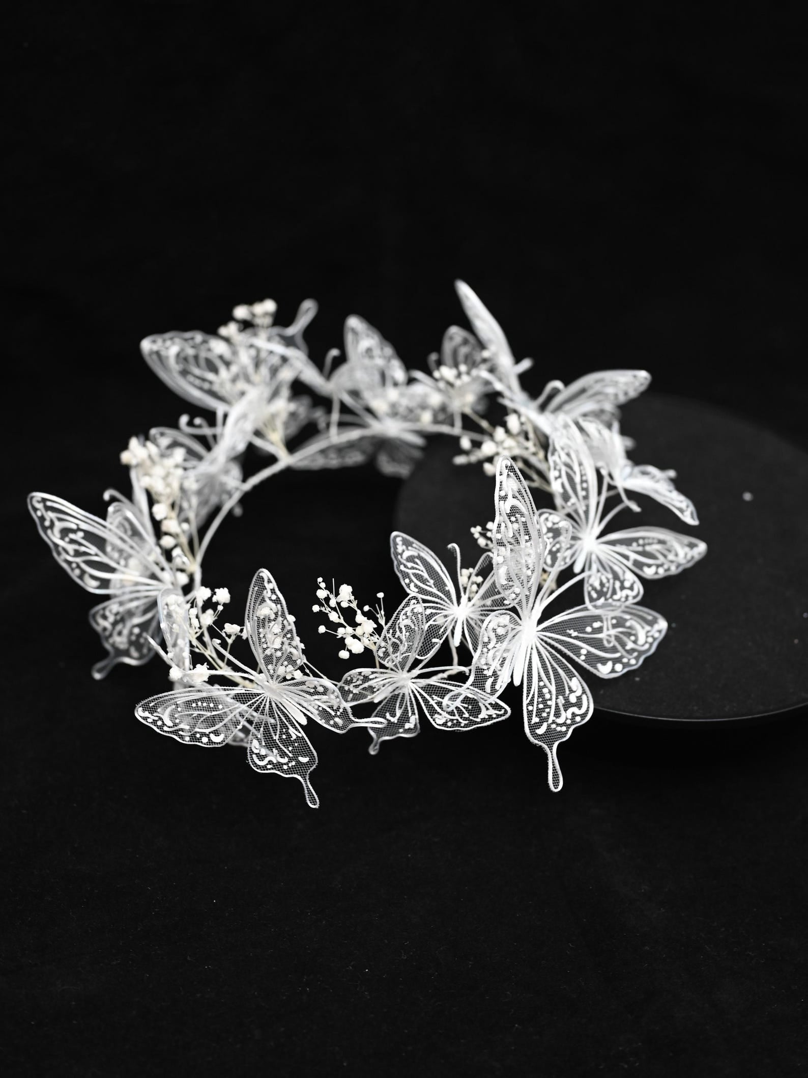 White Lace Butterfly Bridal Headband, Tulle Mesh Butterfly Wedding Headpiece, Fairy Babysbreath Floral Bride Crown