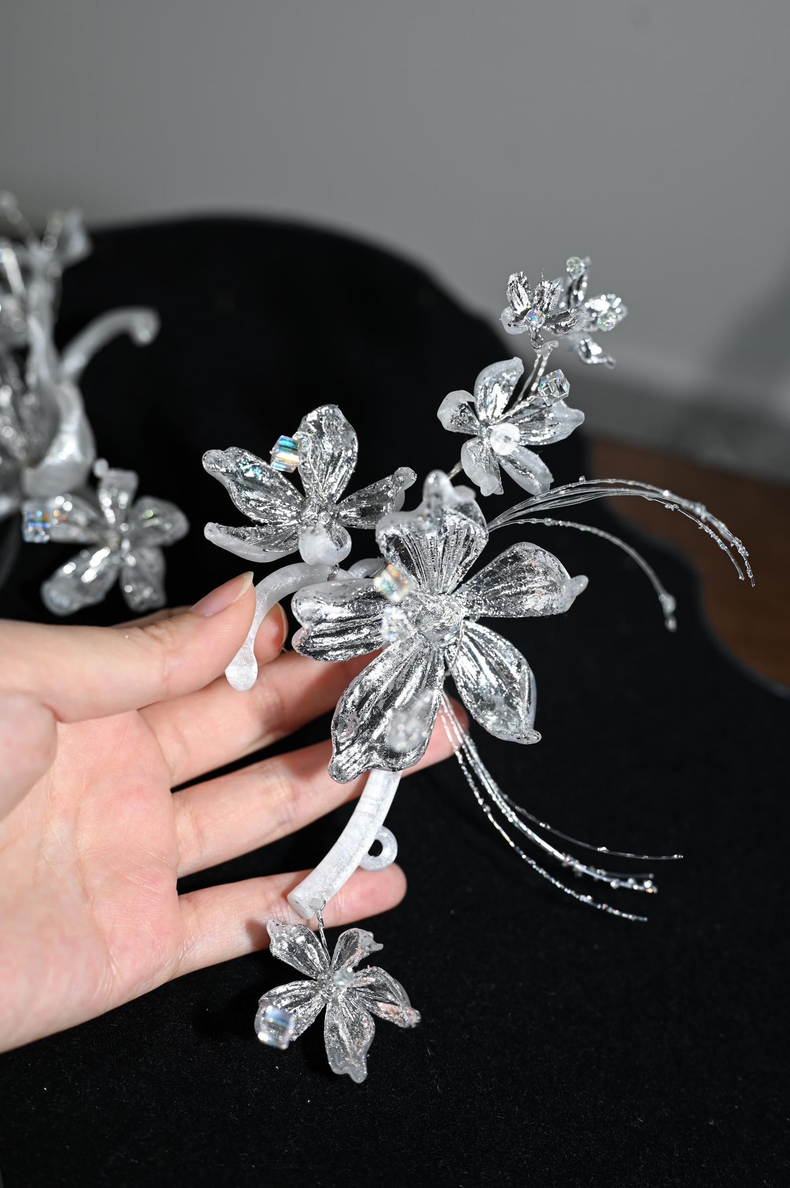 Silver Crystal Floral Bridal Headband, Sparkling Flower Wedding Headpiece, Elegant Asymmetrical Bride Tiara