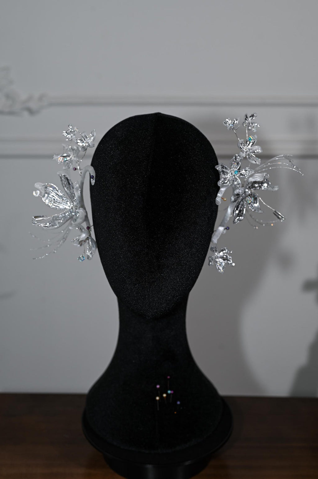 Silver Crystal Floral Bridal Headband, Sparkling Flower Wedding Headpiece, Elegant Asymmetrical Bride Tiara