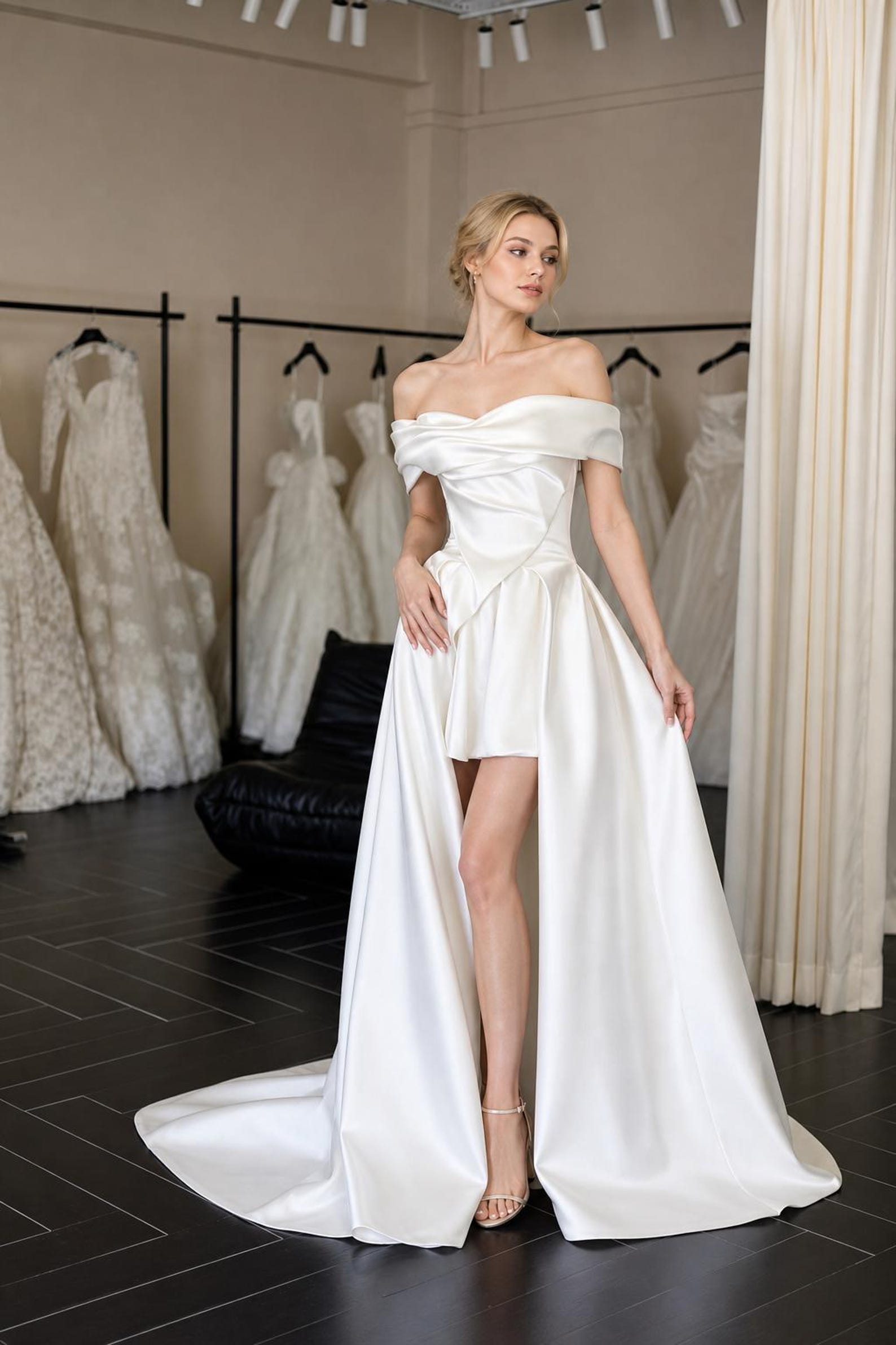 Off Shoulder Satin Wedding Dress High Slit Long Train Bridal Gown