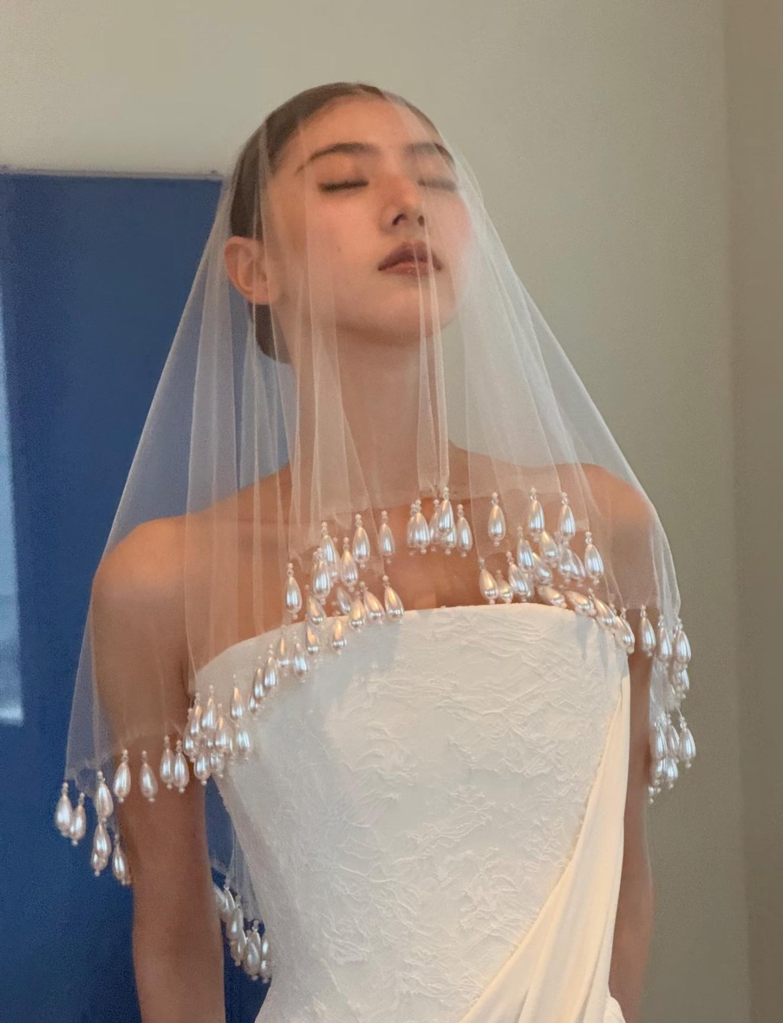 Handmade Teardrop Pearl Trim Blusher Wedding Veil