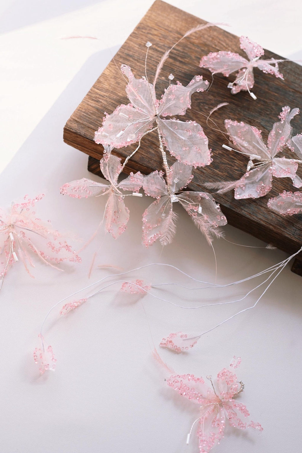 Handmade Pink Tulle Butterfly Hair Accessory, Rhinestone Feather Fairy Bridal Headpiece, Dreamy Wedding Hair Decor