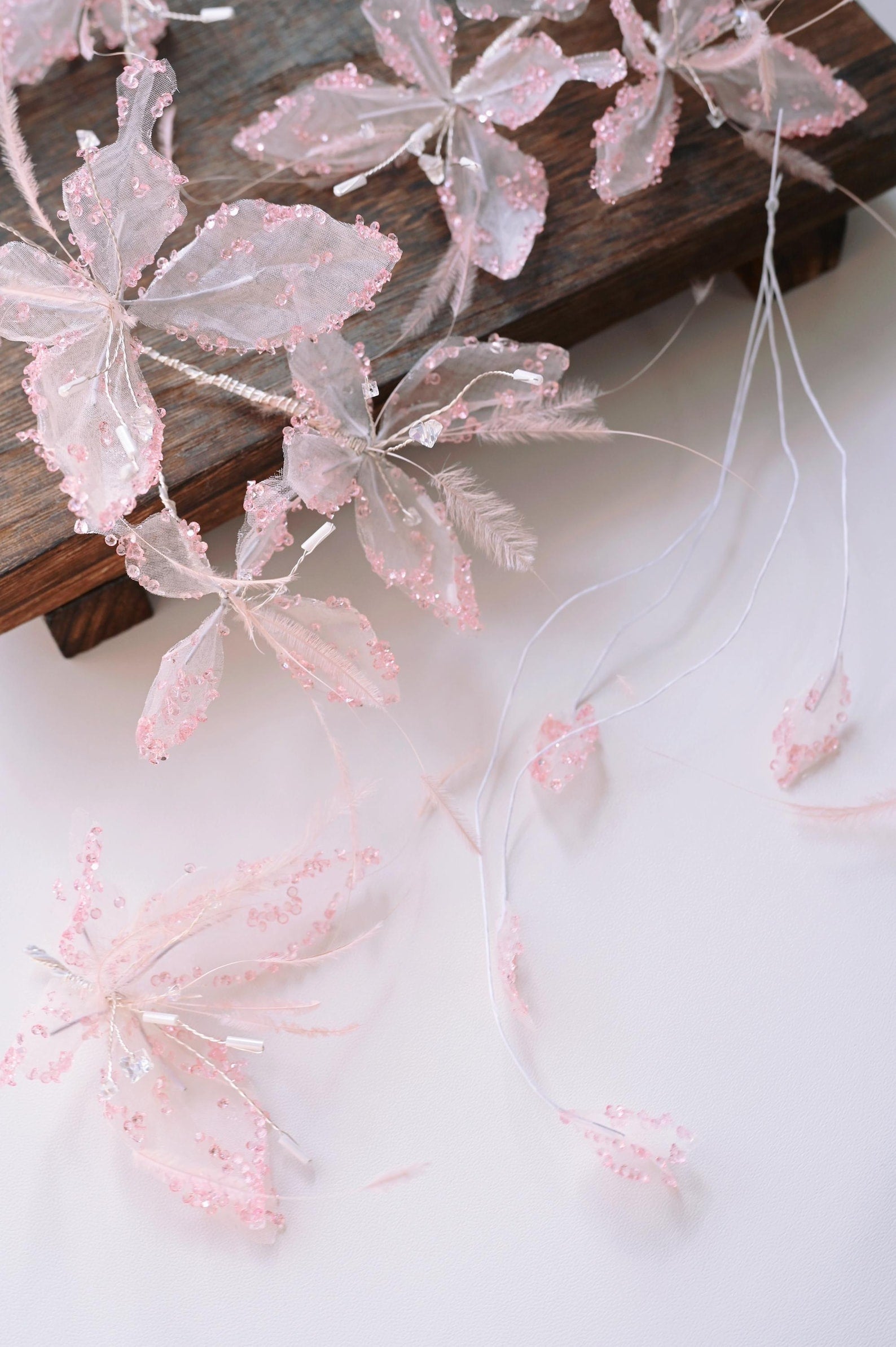 Handmade Pink Tulle Butterfly Hair Accessory, Rhinestone Feather Fairy Bridal Headpiece, Dreamy Wedding Hair Decor