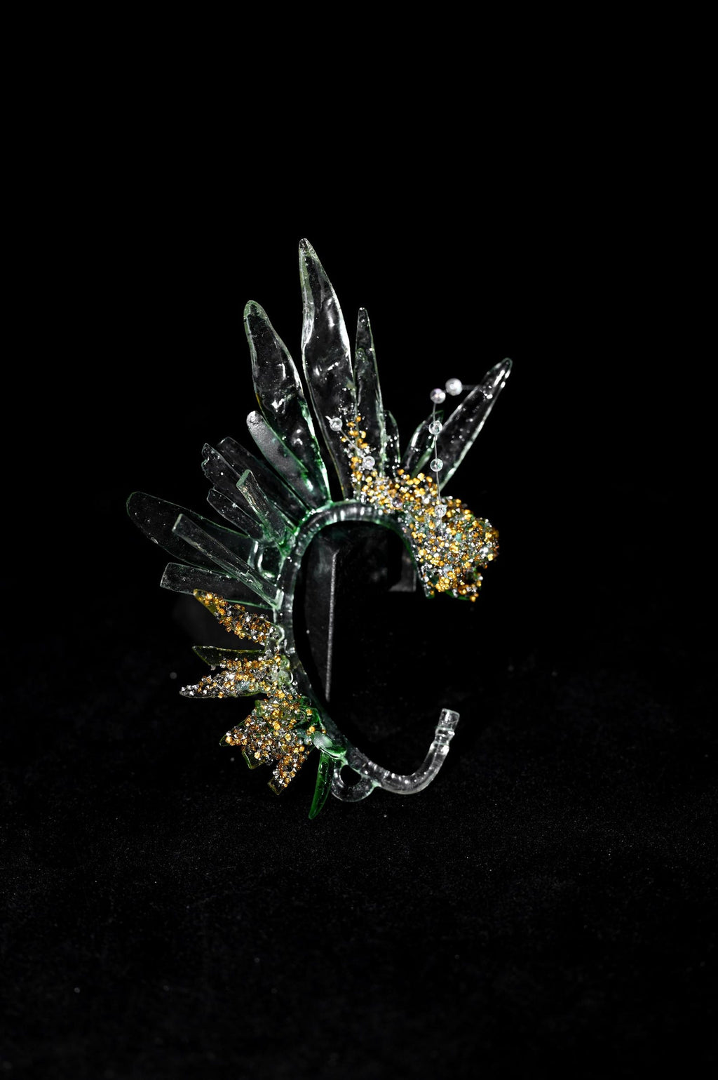 Clear Green Resin Wing Ear Cuff, Forest Elf Non Pierced Ear Wrap, Crystal Sparkle Bridal Ear Accessory