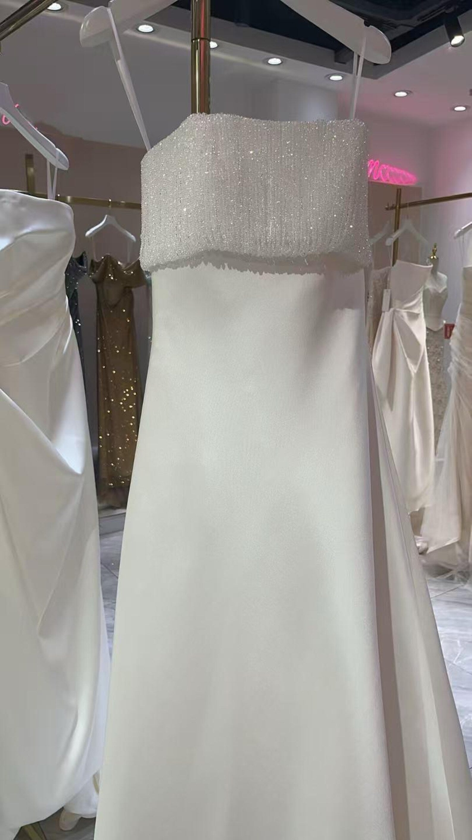 Beaded Fringe Tube Top Satin Wedding Gown Bow Back A Line Bridal Dress
