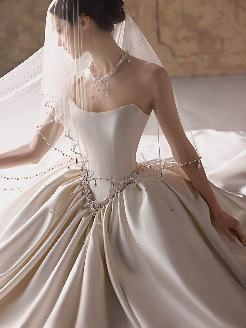 Strapless Gloss Satin Ball Gown Wedding Dress Hand Beaded Pearl Waist Bridal Gown