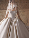 Strapless Gloss Satin Ball Gown Wedding Dress Hand Beaded Pearl Waist Bridal Gown