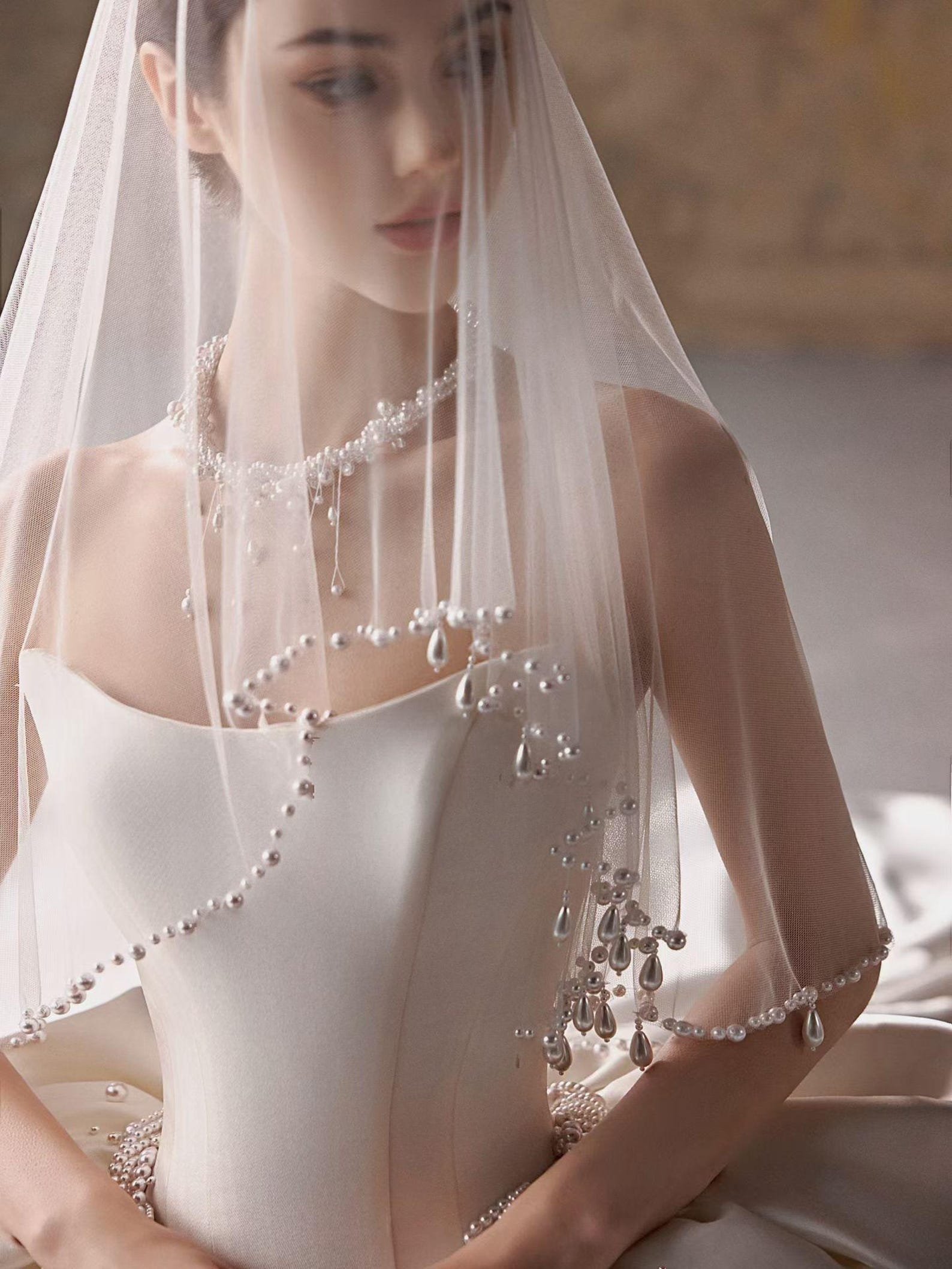 Strapless Gloss Satin Ball Gown Wedding Dress Hand Beaded Pearl Waist Bridal Gown