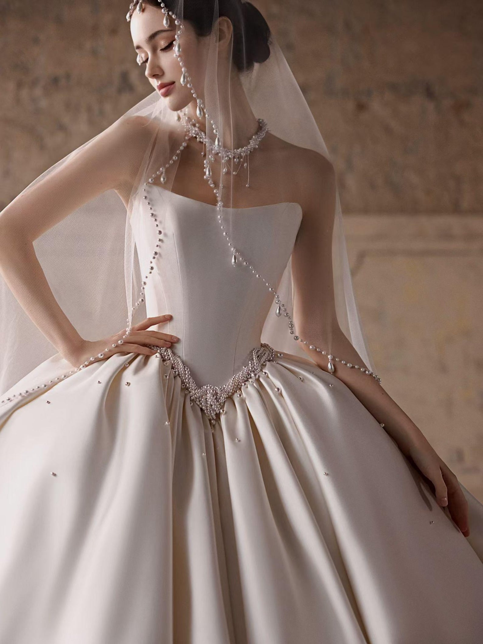 Strapless Gloss Satin Ball Gown Wedding Dress Hand Beaded Pearl Waist Bridal Gown