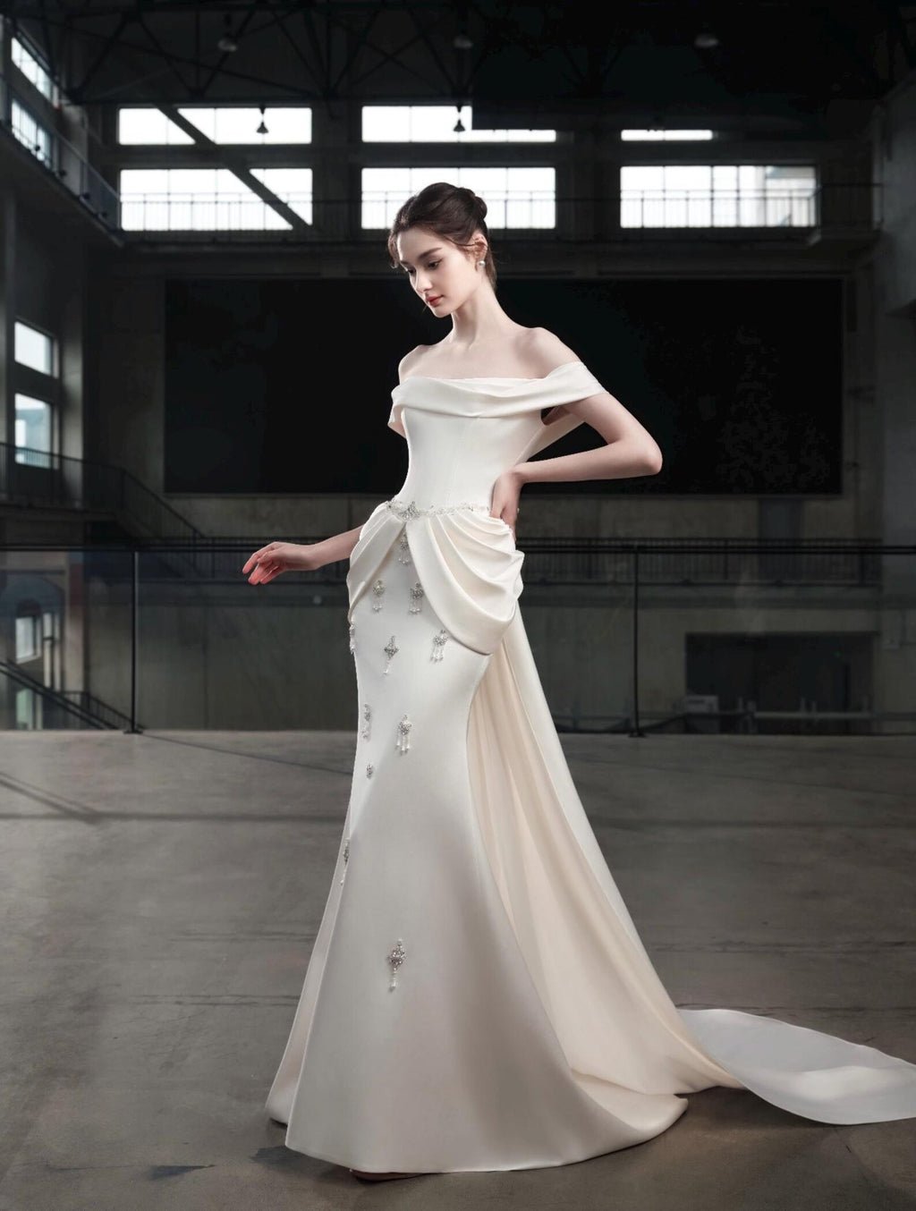 Off Shoulder Satin Mermaid Wedding Dress Draped Fold Waist Crystal Tassel Bridal Gown With Train