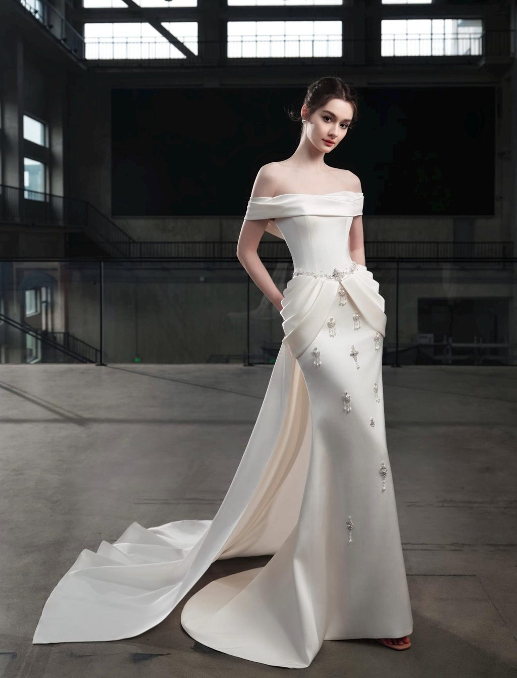 Off Shoulder Satin Mermaid Wedding Dress Draped Fold Waist Crystal Tassel Bridal Gown With Train