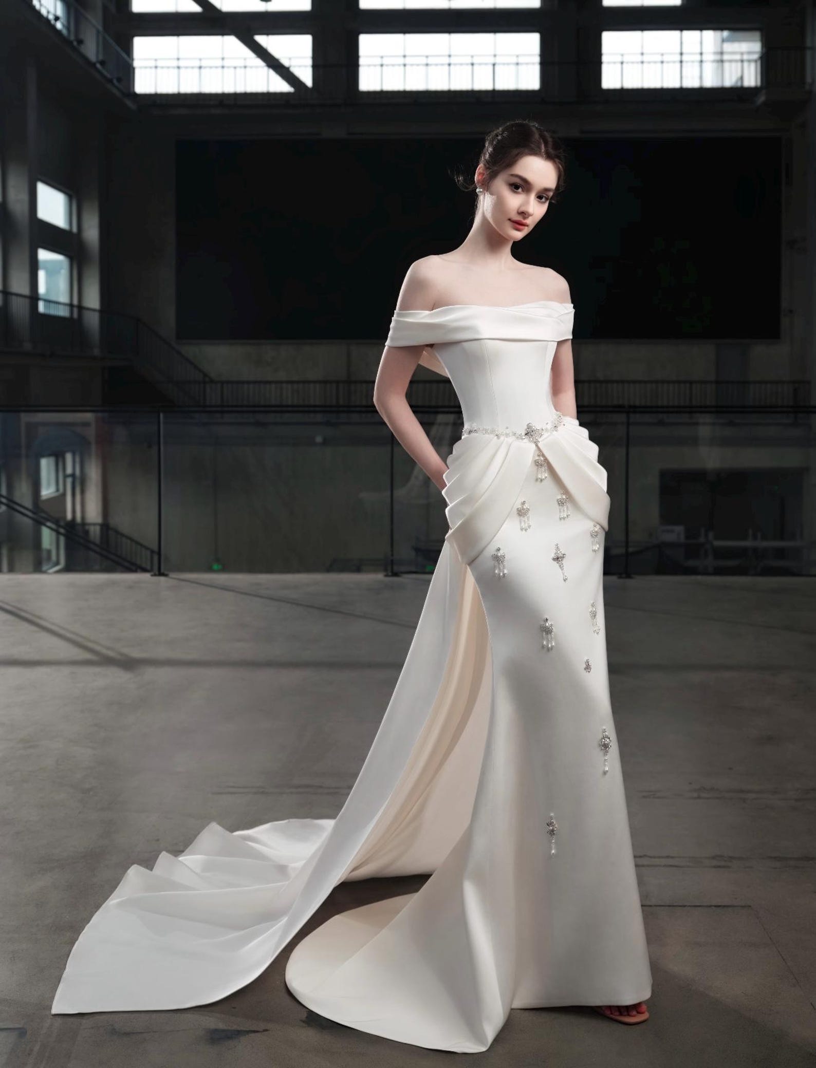 Off Shoulder Satin Mermaid Wedding Dress Draped Fold Waist Crystal Tassel Bridal Gown With Train
