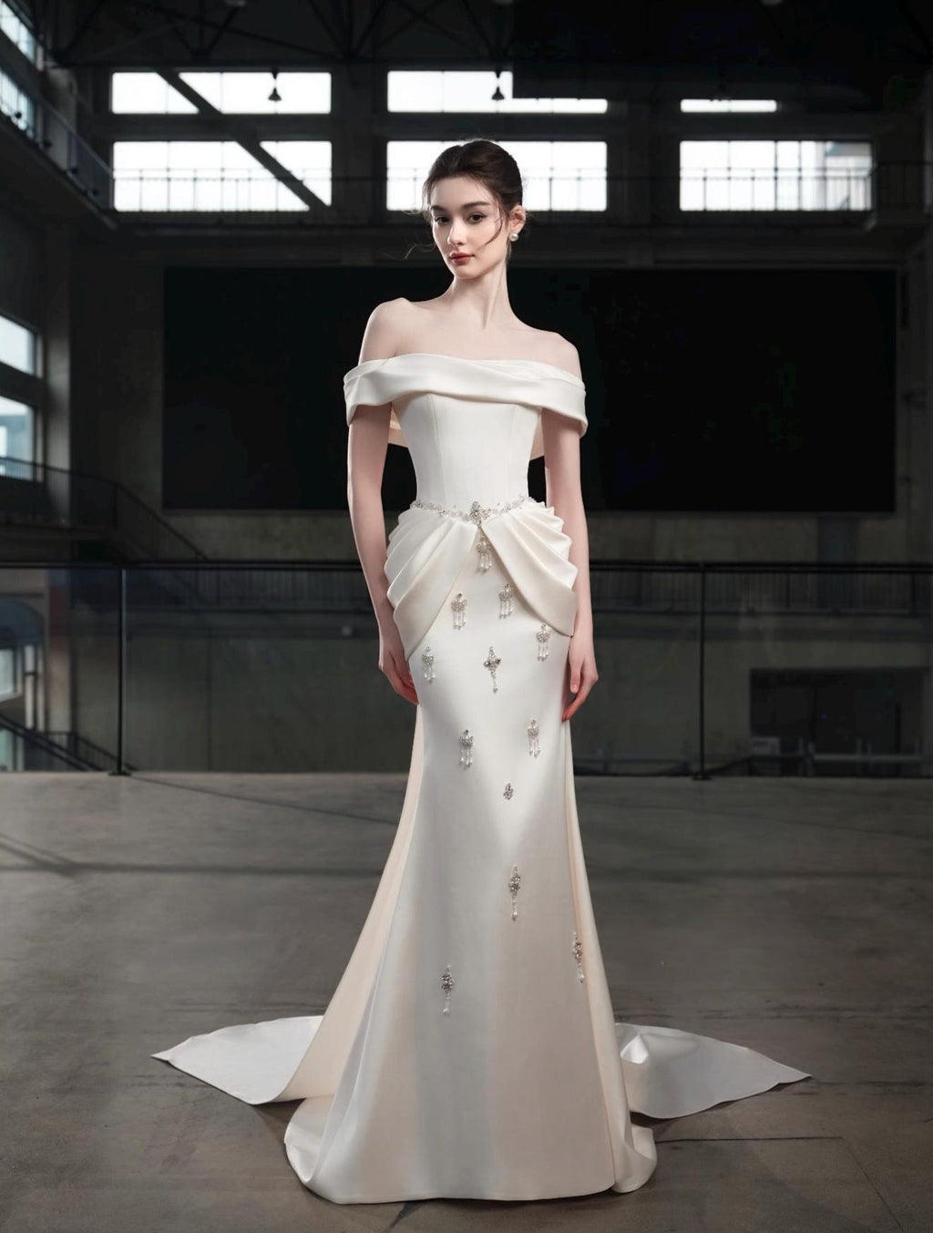 Off Shoulder Satin Mermaid Wedding Dress Draped Fold Waist Crystal Tassel Bridal Gown With Train