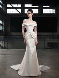Off Shoulder Satin Mermaid Wedding Dress Draped Fold Waist Crystal Tassel Bridal Gown With Train