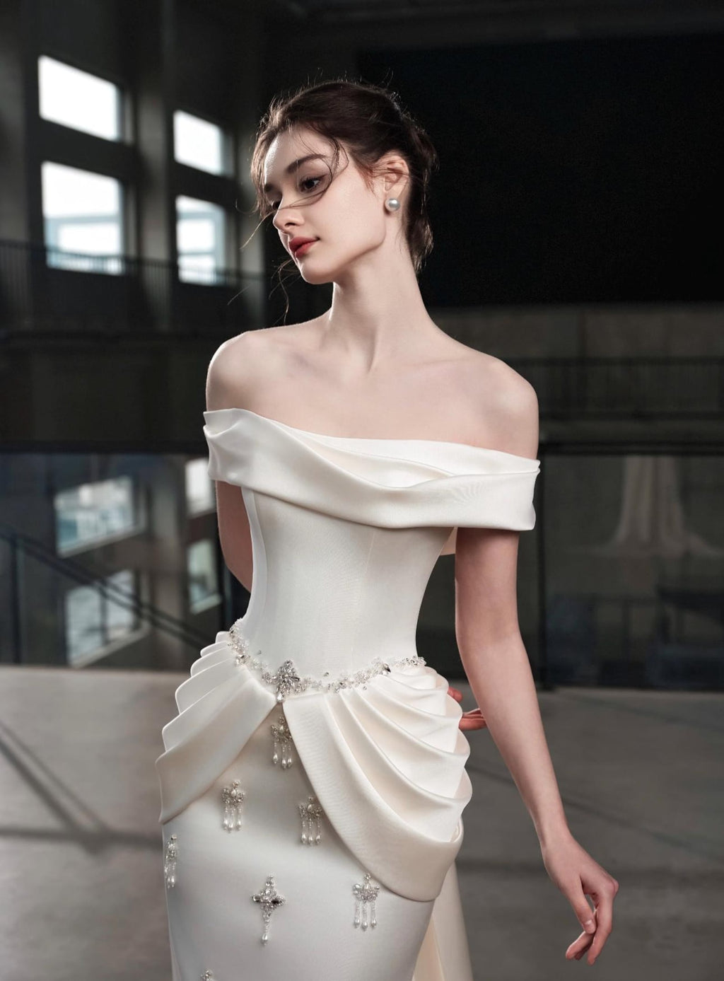 Off Shoulder Satin Mermaid Wedding Dress Draped Fold Waist Crystal Tassel Bridal Gown With Train