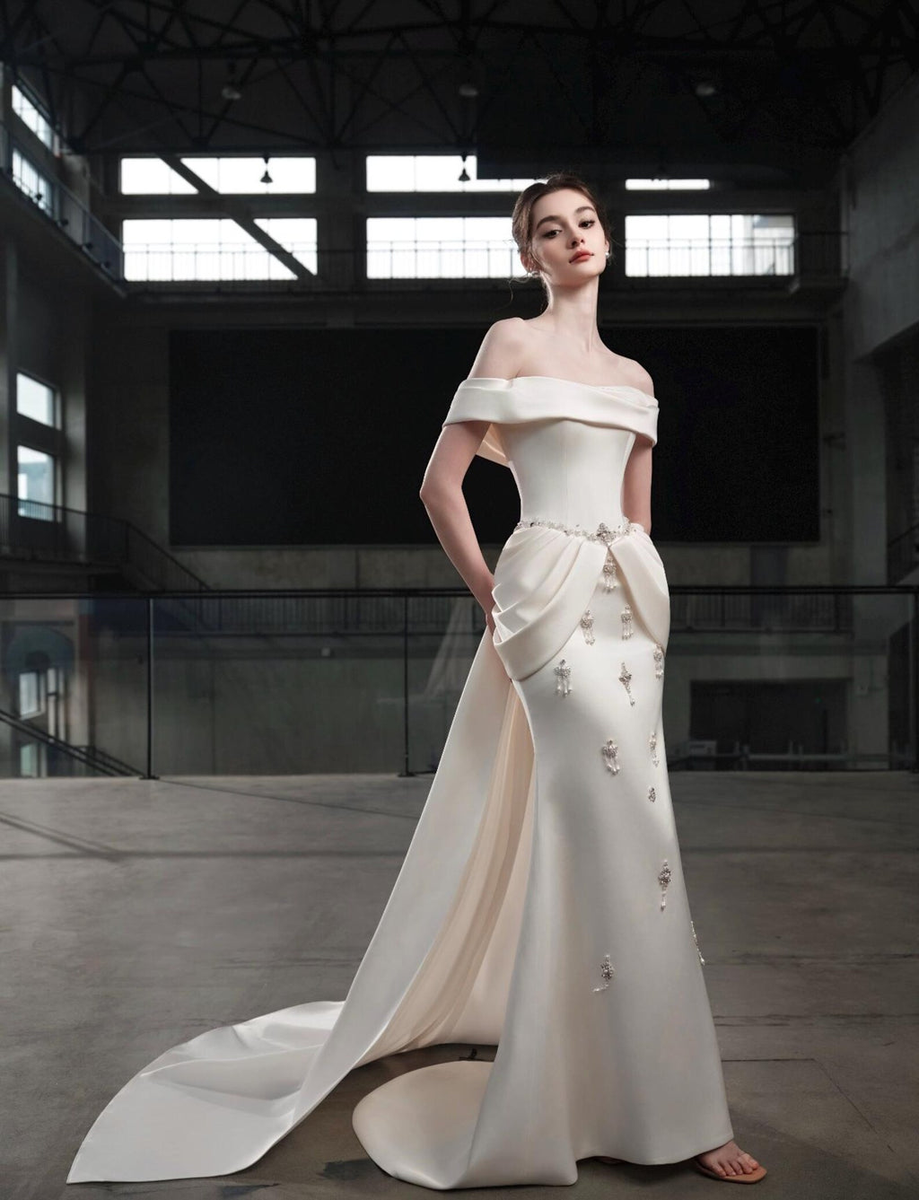 Off Shoulder Satin Mermaid Wedding Dress Draped Fold Waist Crystal Tassel Bridal Gown With Train