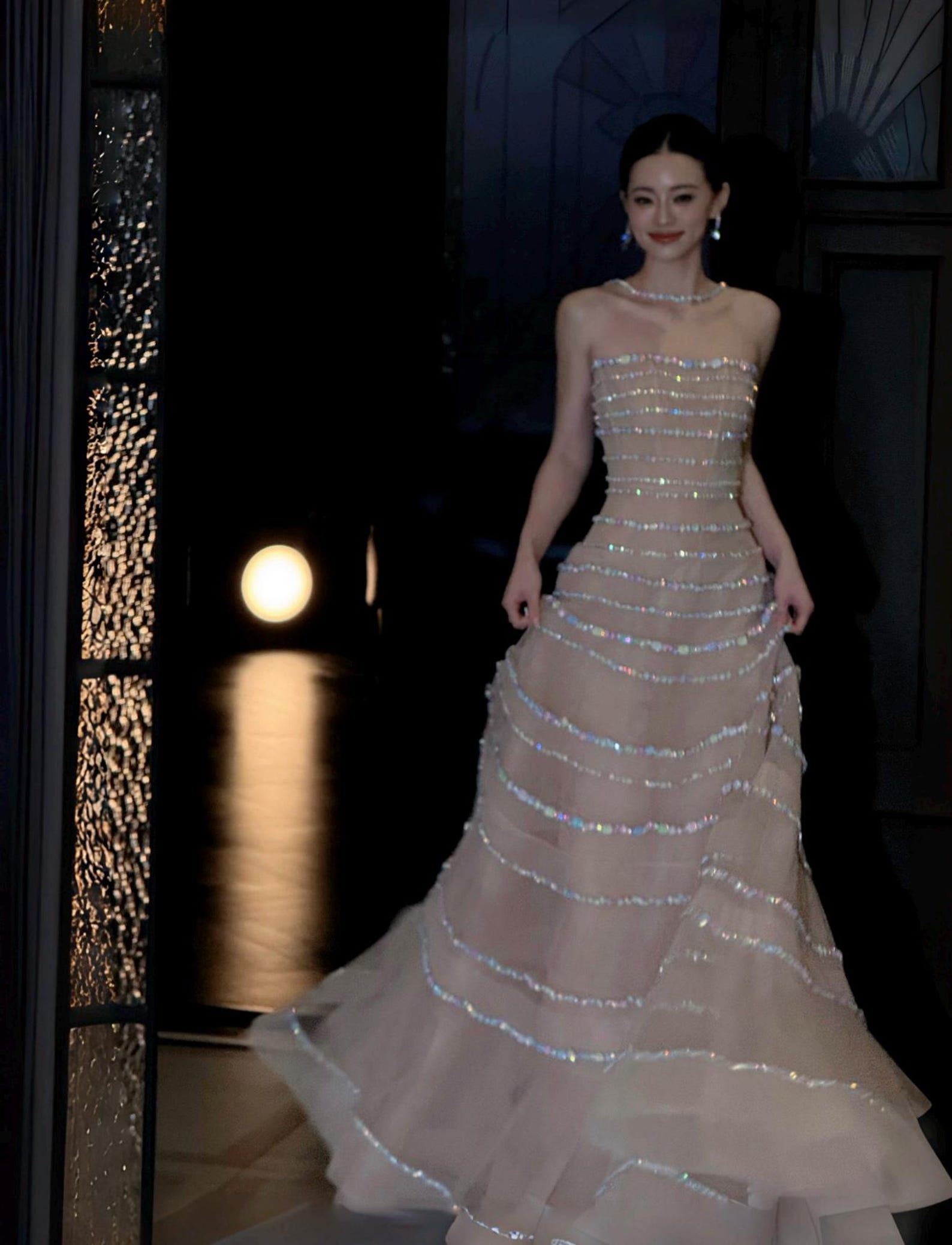 Handmade Strapless Nude Tulle Gown, Multi-Layer Iridescent Rhinestone Tiered Dress, Custom Bridal Reception Evening Gown