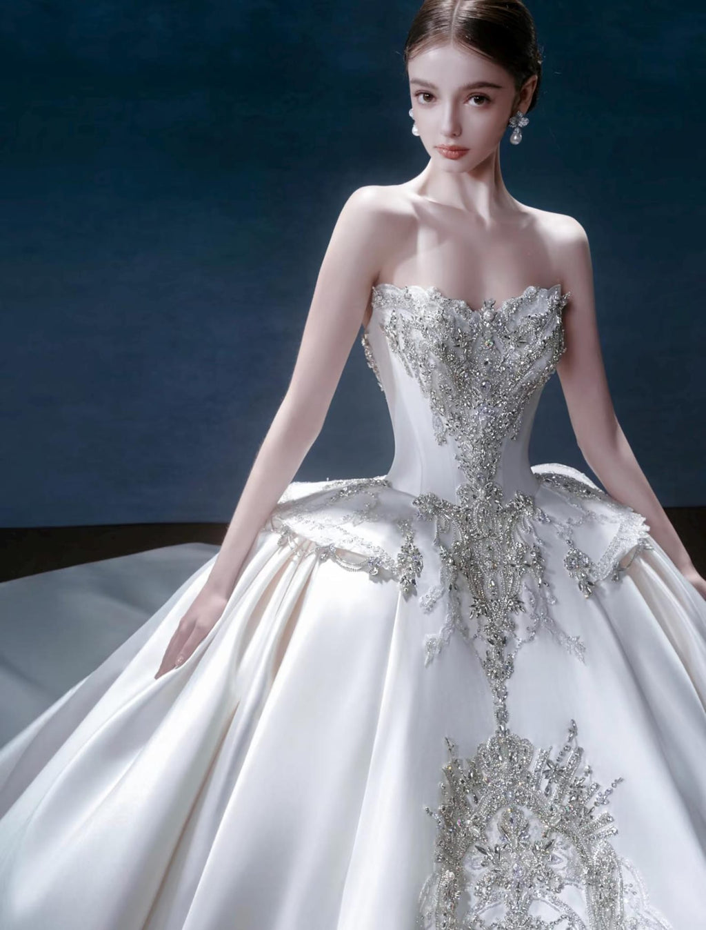 Luxury Strapless Mikado Satin Wedding Gown, Heavy Crystal Embroidery Ballgown Bridal Dress, Long Cathedral Train, Custom Made