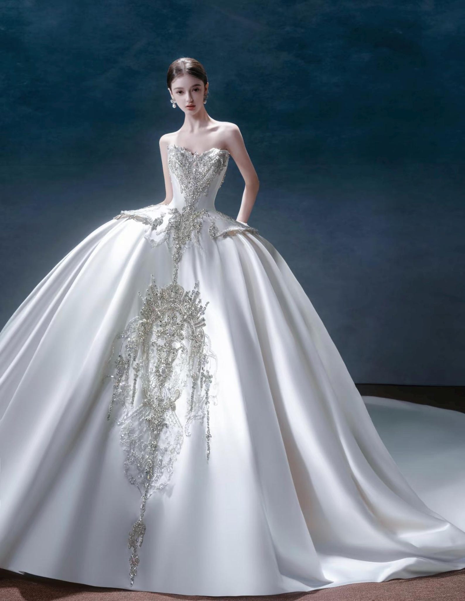 Luxury Strapless Mikado Satin Wedding Gown, Heavy Crystal Embroidery Ballgown Bridal Dress, Long Cathedral Train, Custom Made