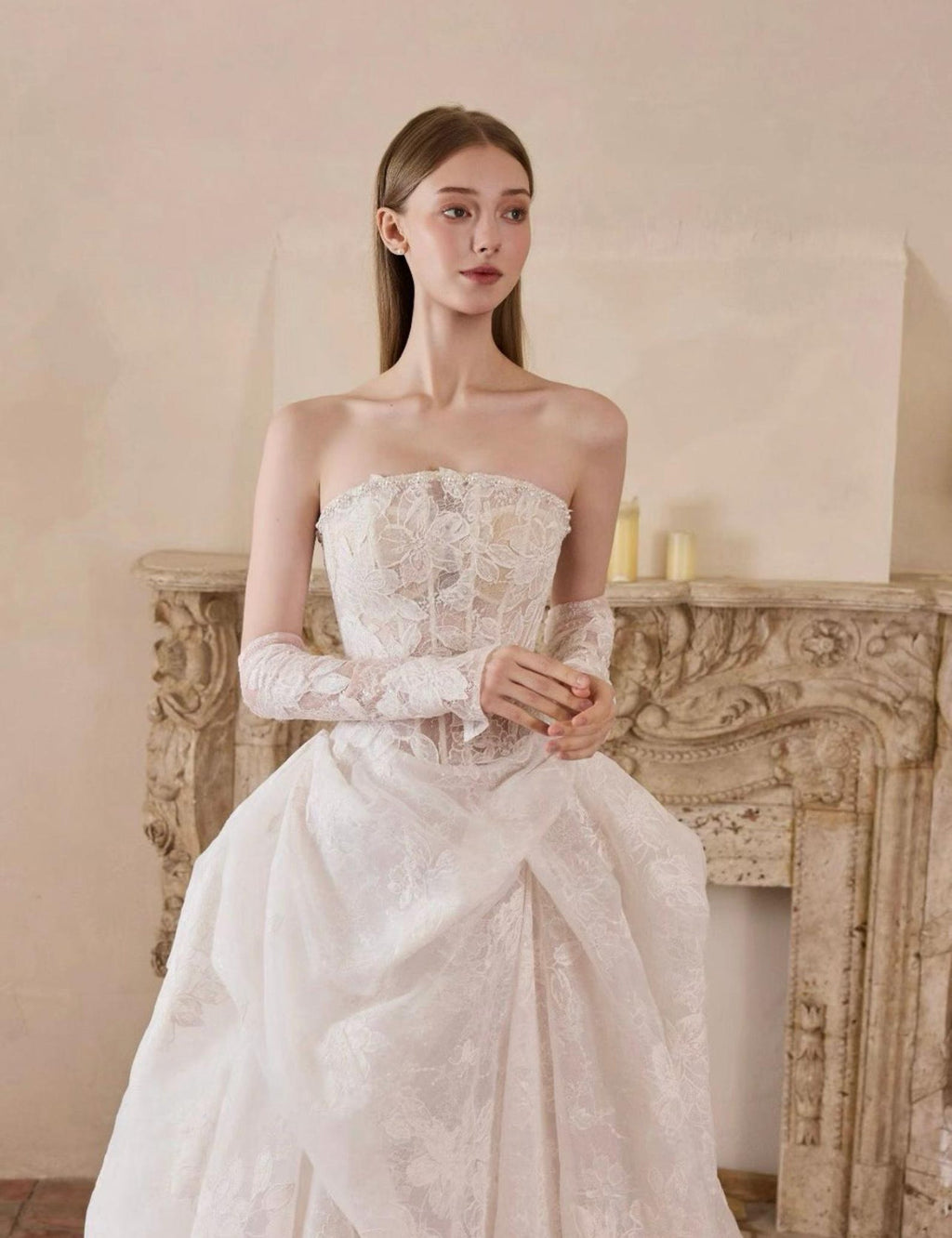 Strapless Corset Lace Wedding Dress, Floral Lace Bridal Gown, Removable Overskirt, Vintage Romantic Bridal Dress With Train, Custom Size