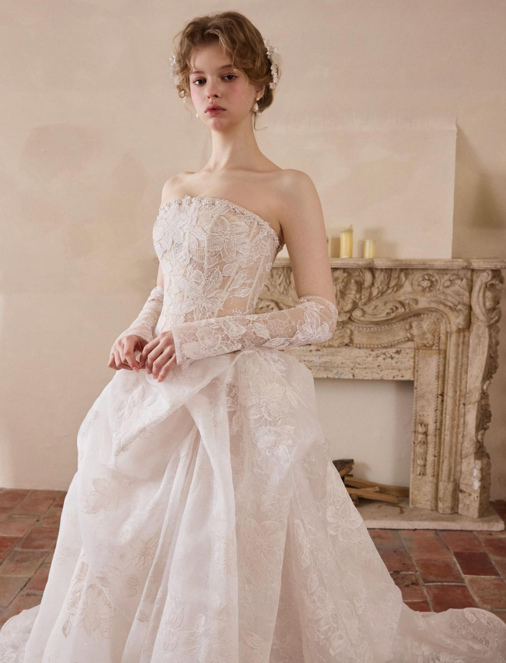 Strapless Corset Lace Wedding Dress, Floral Lace Bridal Gown, Removable Overskirt, Vintage Romantic Bridal Dress With Train, Custom Size