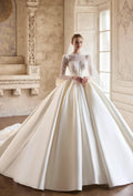 Long Sleeve High Neck Lace Satin Bridal Gown, Ball Gown Wedding Dress With Big Bow, Custom Size Long Train Wedding Dress
