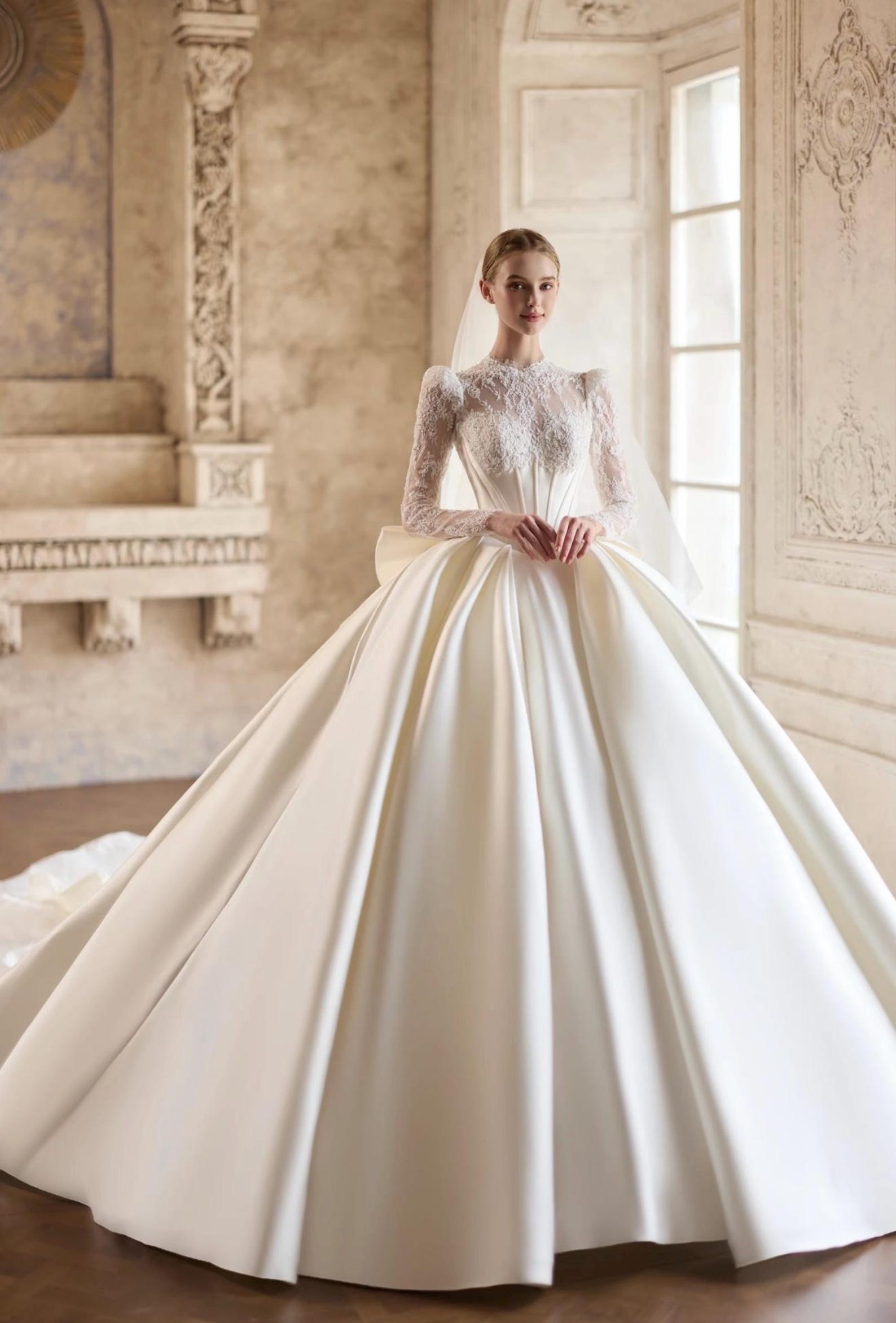 Long Sleeve High Neck Lace Satin Bridal Gown, Ball Gown Wedding Dress With Big Bow, Custom Size Long Train Wedding Dress