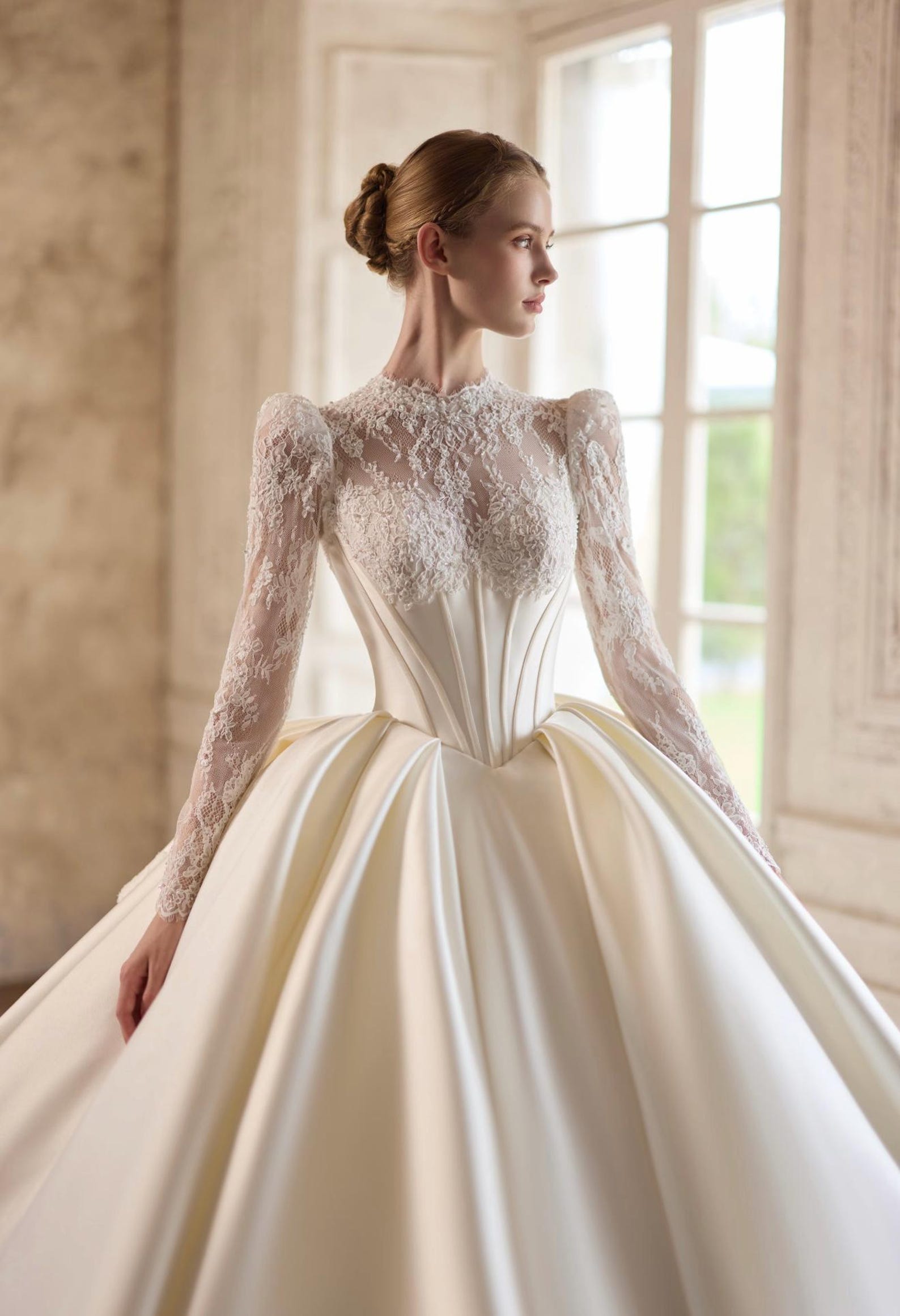 Long Sleeve High Neck Lace Satin Bridal Gown, Ball Gown Wedding Dress With Big Bow, Custom Size Long Train Wedding Dress