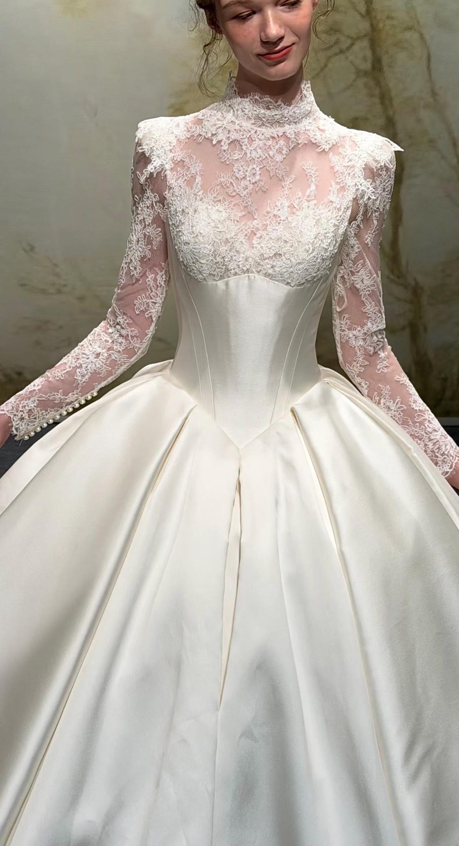 Long Sleeve High Neck Lace Satin Bridal Gown, Ball Gown Wedding Dress With Big Bow, Custom Size Long Train Wedding Dress
