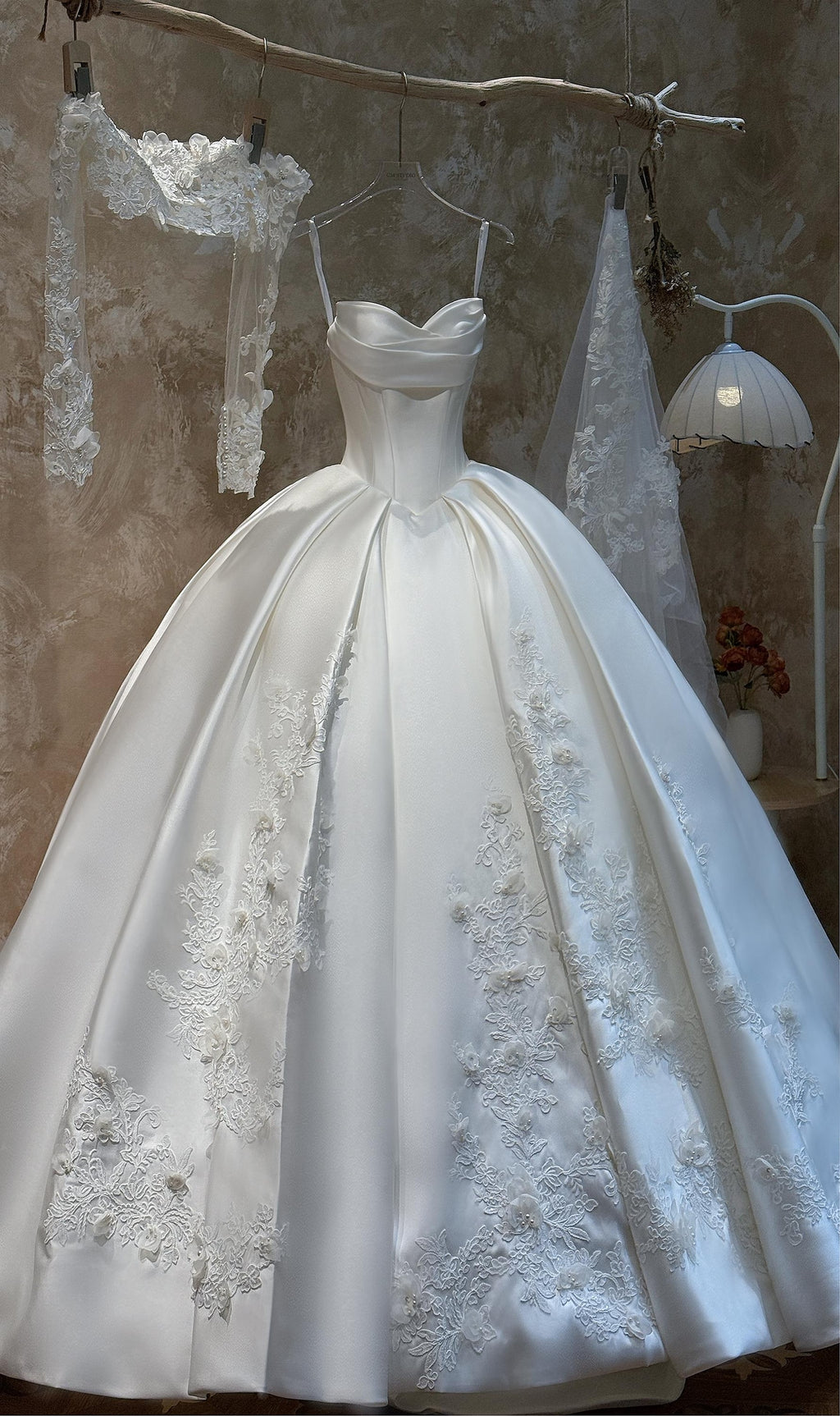 Sweetheart Satin Ballgown Wedding Dress, Lace Appliqué Voluminous Bridal Gown, Cathedral Train Luxury Wedding Gown