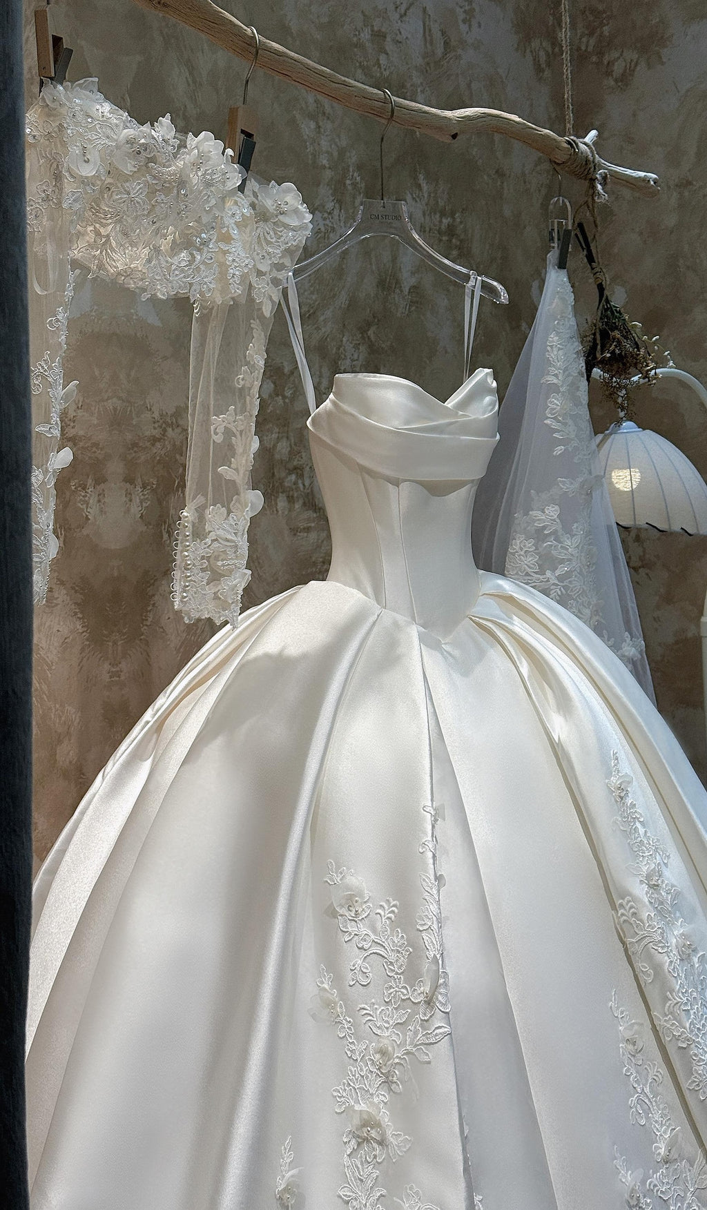 Sweetheart Satin Ballgown Wedding Dress, Lace Appliqué Voluminous Bridal Gown, Cathedral Train Luxury Wedding Gown