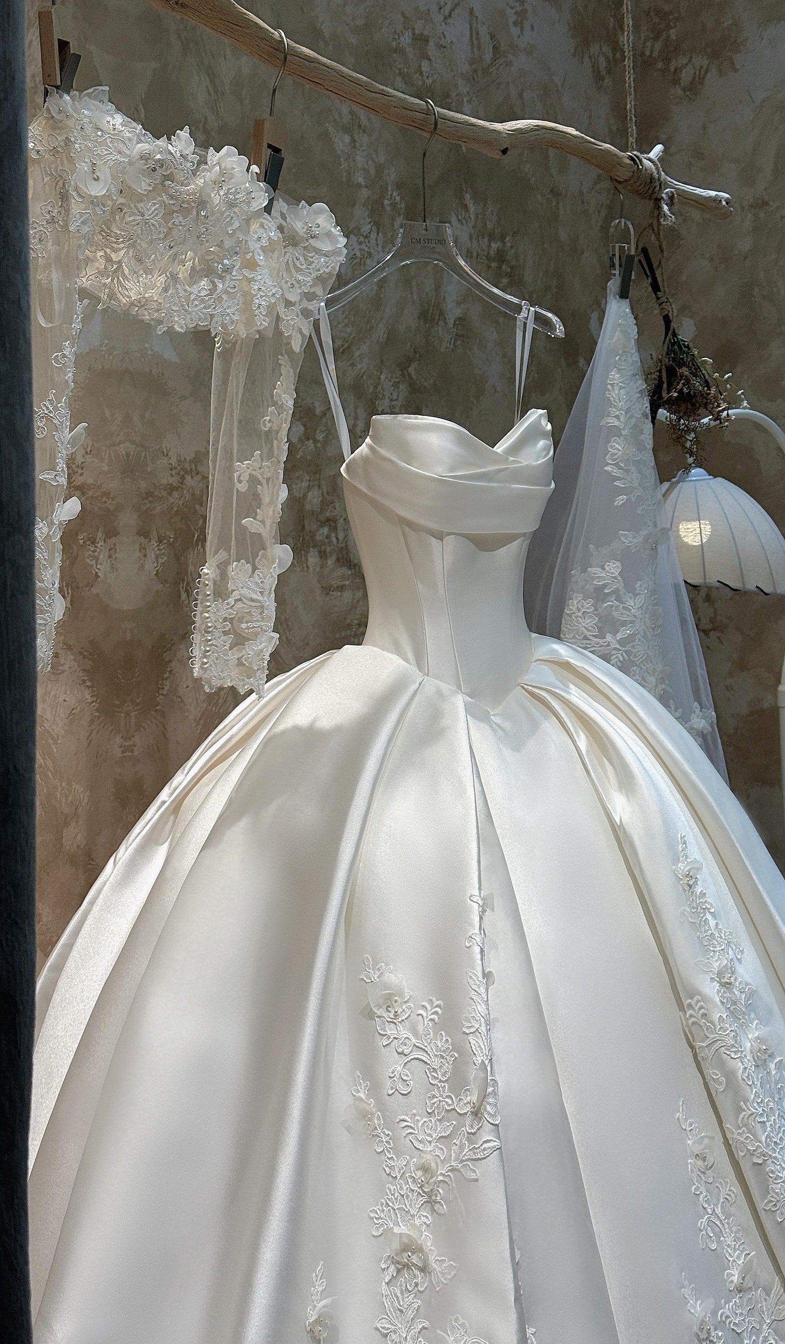 Sweetheart Satin Ballgown Wedding Dress, Lace Appliqué Voluminous Bridal Gown, Cathedral Train Luxury Wedding Gown