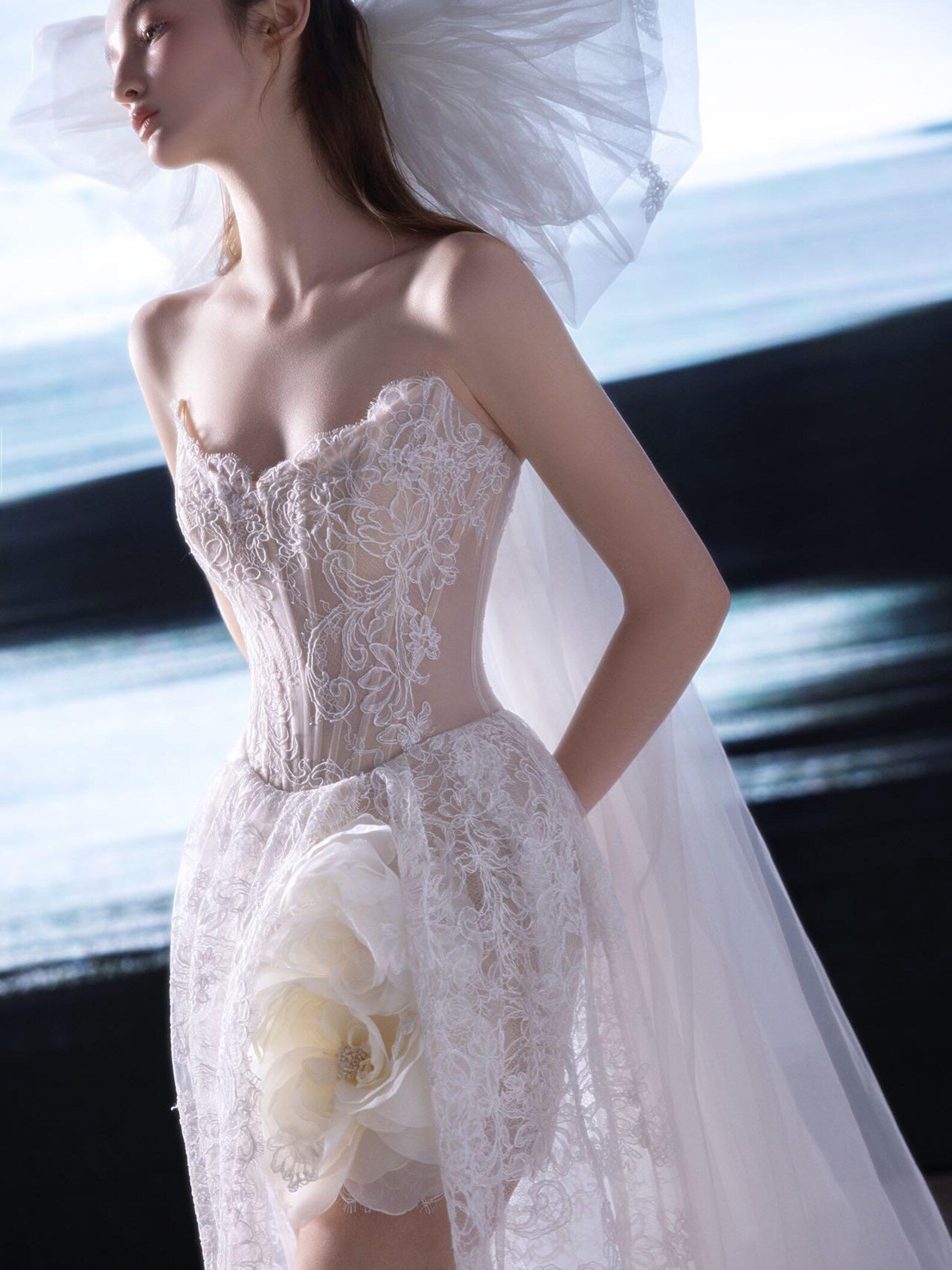 Romantic Strapless Allover Lace Bridal Gown, High Front Slit Wedding Dress, 3D Flowers, Tulle Train Beach Elopement Dress