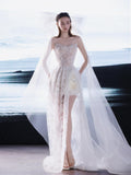 Romantic Strapless Allover Lace Bridal Gown, High Front Slit Wedding Dress, 3D Flowers, Tulle Train Beach Elopement Dress