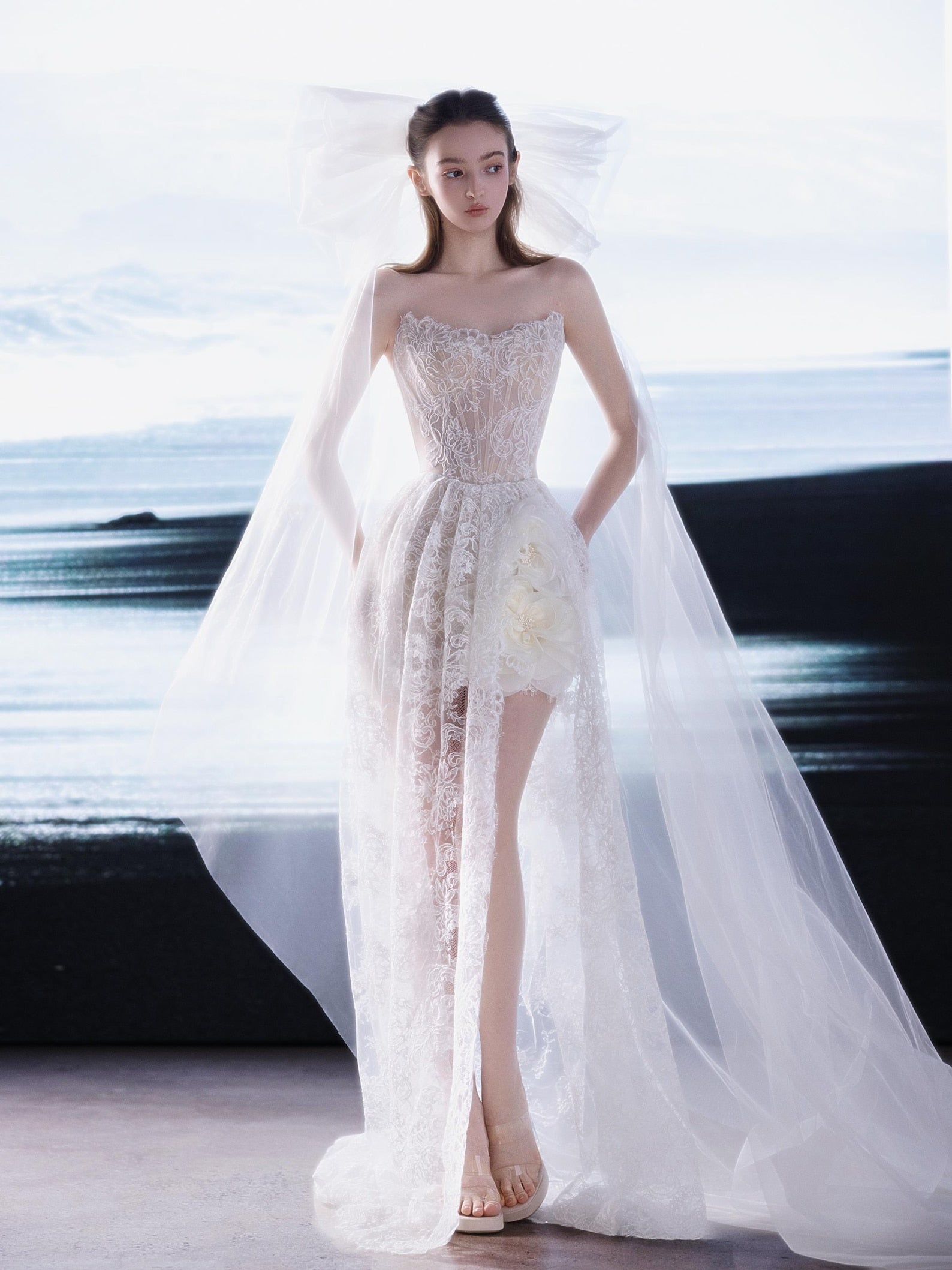 Romantic Strapless Allover Lace Bridal Gown, High Front Slit Wedding Dress, 3D Flowers, Tulle Train Beach Elopement Dress