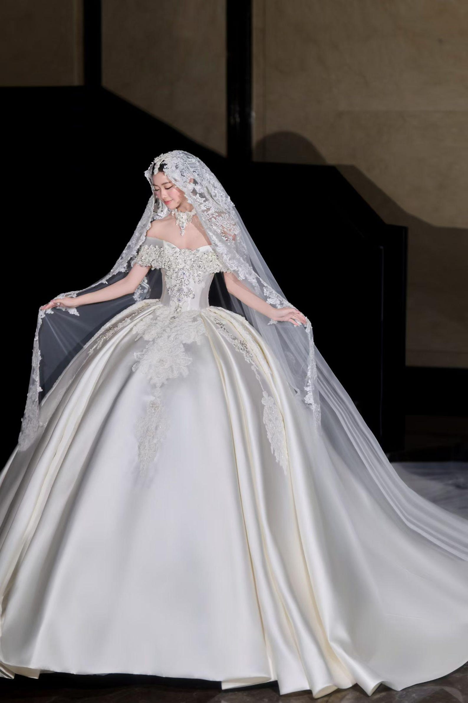 Vintage Off Shoulder Satin Wedding Gown, Heavy Crystal & Lace Embellished Ballgown, Elegant Cathedral Train Princess Bridal Dress