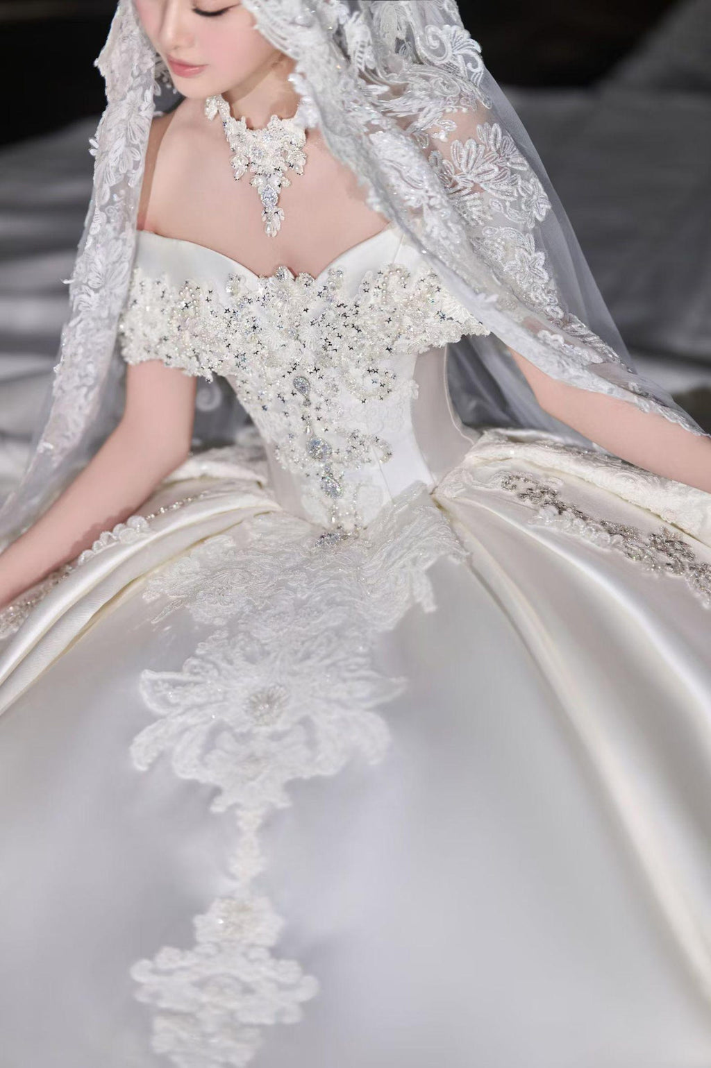 Vintage Off Shoulder Satin Wedding Gown, Heavy Crystal & Lace Embellished Ballgown, Elegant Cathedral Train Princess Bridal Dress