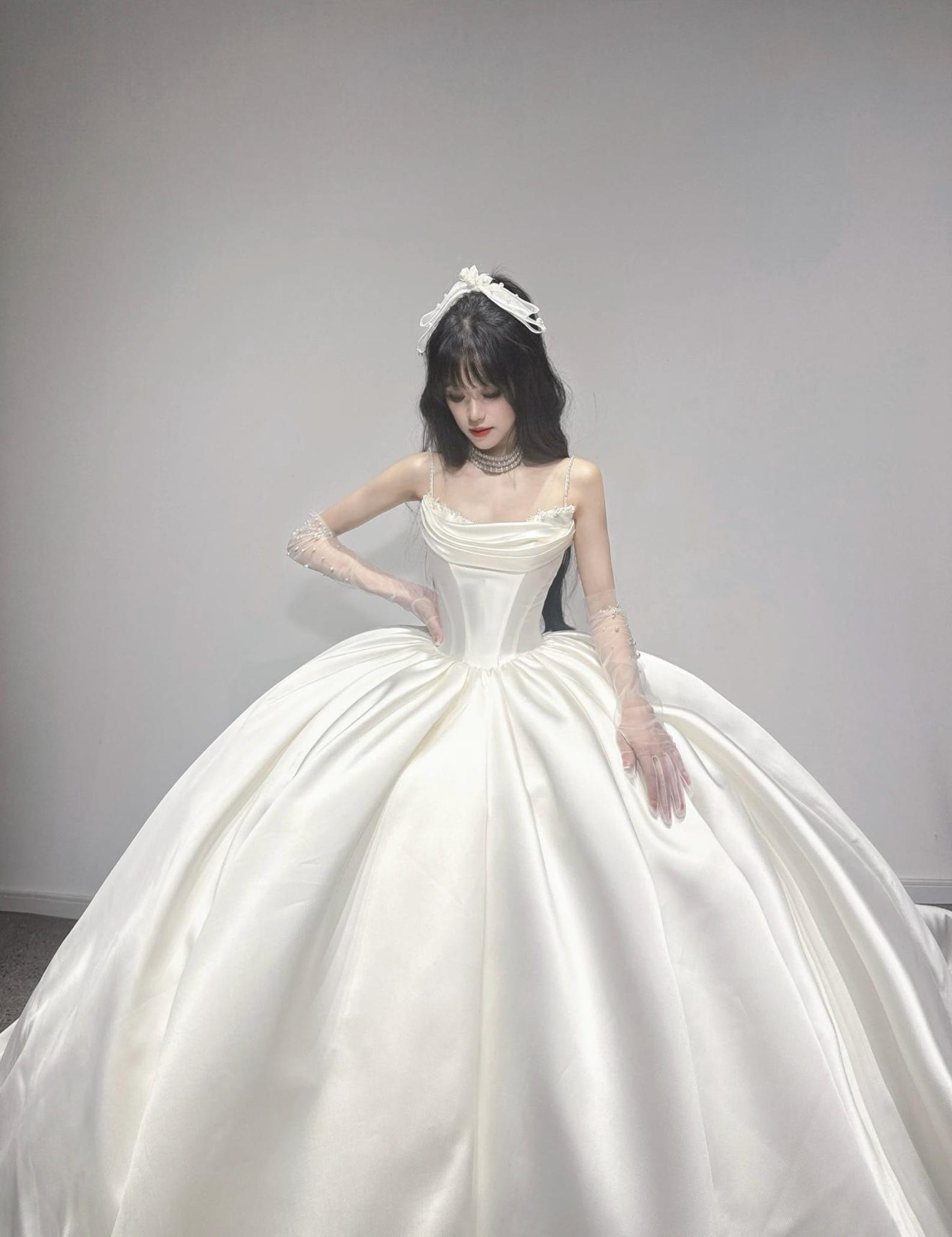 Classic Spaghetti Strap Ruched Satin Bridal Gown, Clean Minimal Ballgown Wedding Dress, Elegant Fairytale Bride Dress With Train