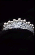 Vintage Regency Pearl Crystal Tiara, Sparkling CZ Bridal Crown, Royal Queen Wedding Headpiece, Elegant Pearl Diadem For Bride & Pageant